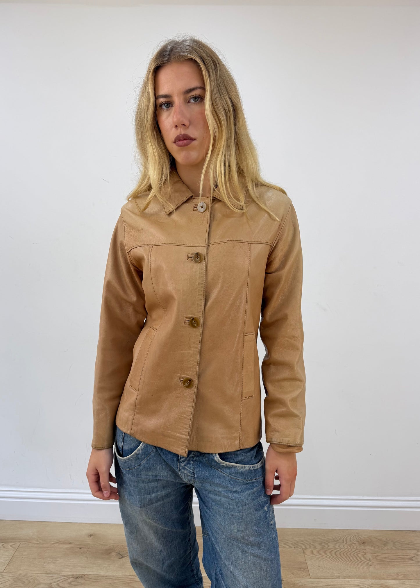 small tan leather fitted jacket front close