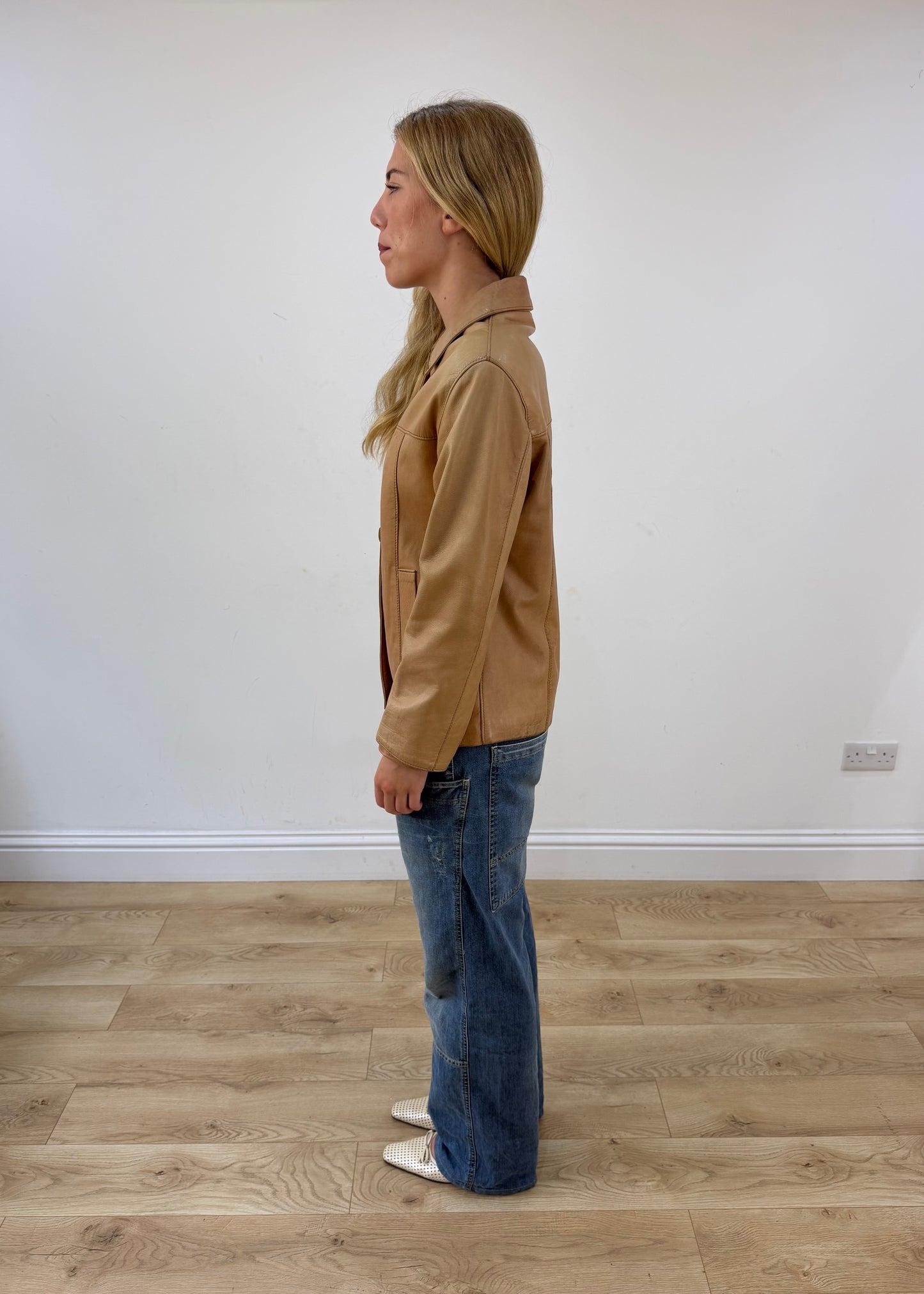 small tan leather fitted jacket left side