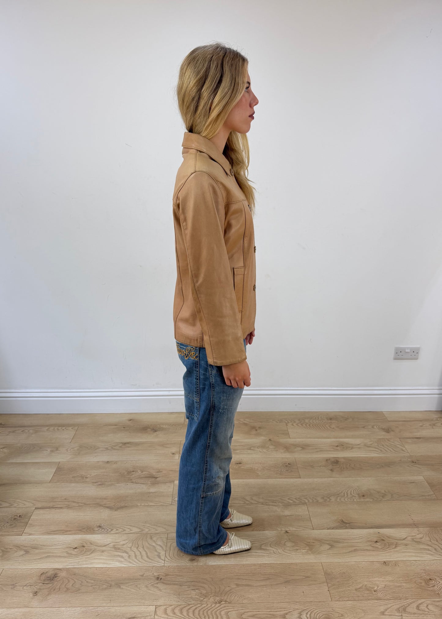 small tan leather fitted jacket right side