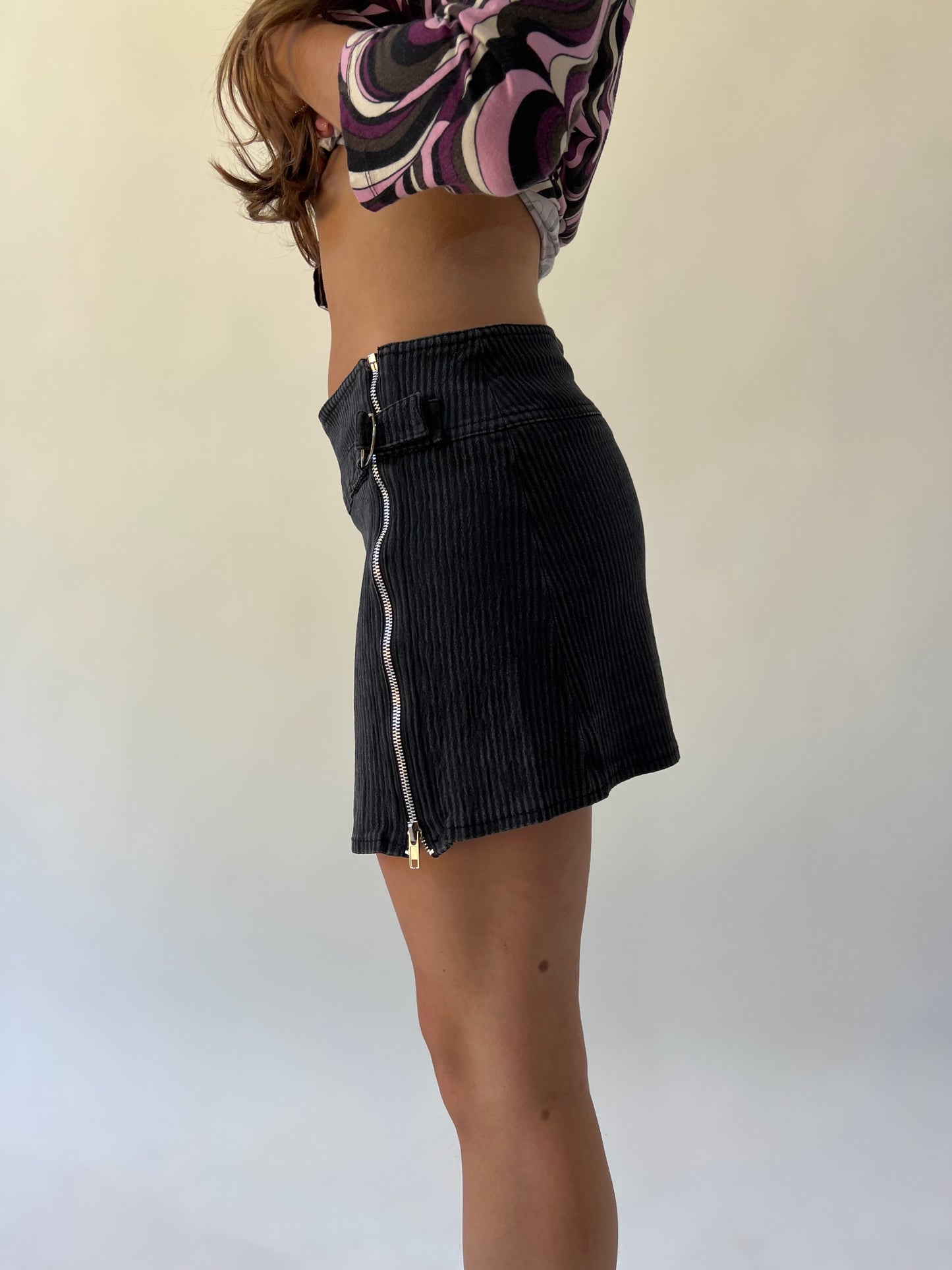 back to school drop grey pinstripe asymmetric mini skirt detail