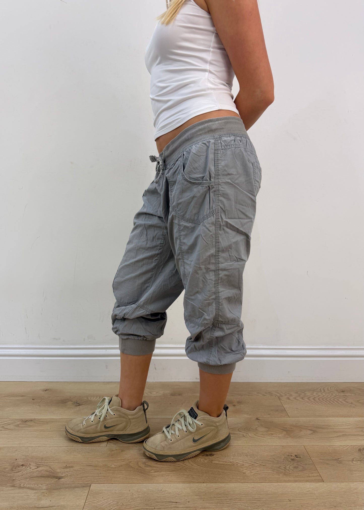 medium grey cropped cargo style trousers