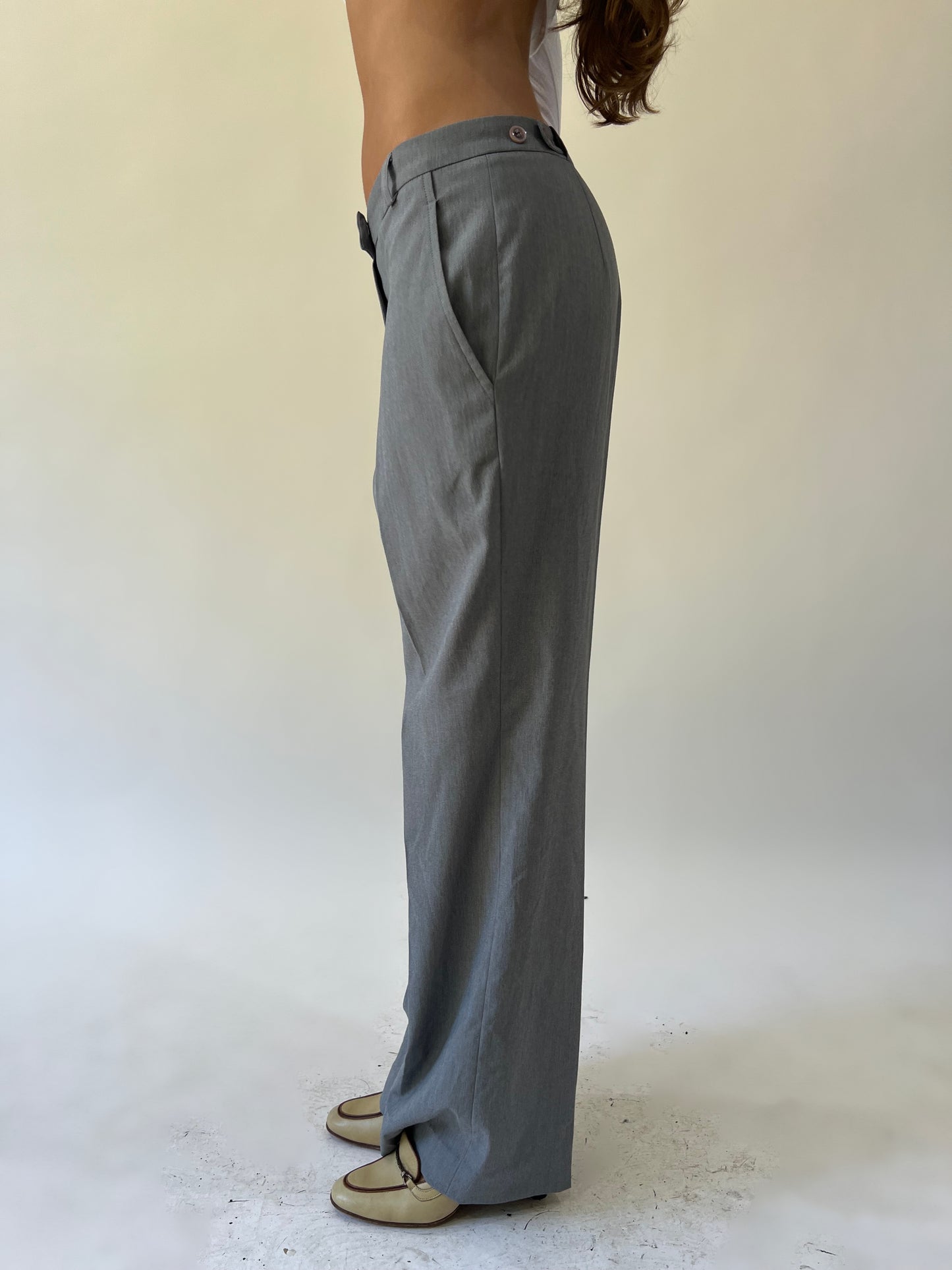 back to school drop grey pinstripe flared trousers detail