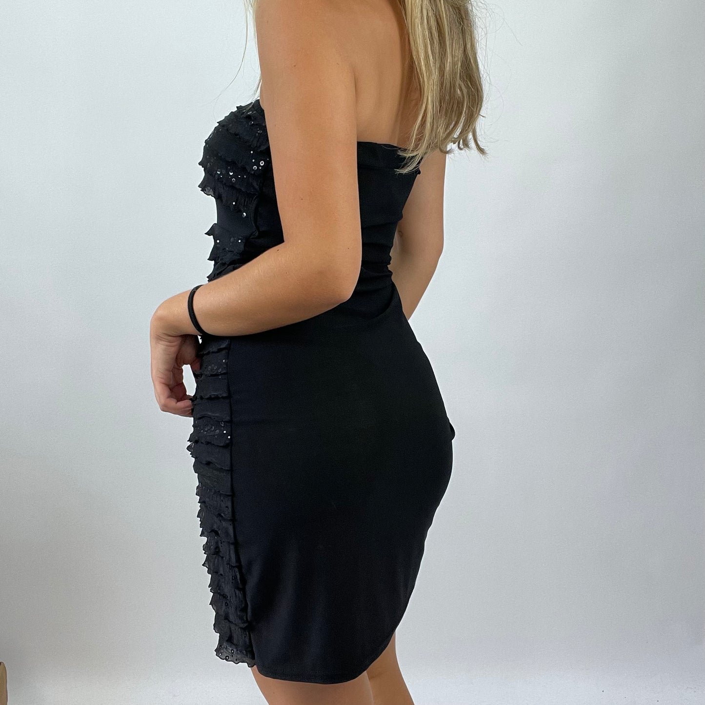 MANHATTAN GIRL DROP | small black ruffle sequin dress