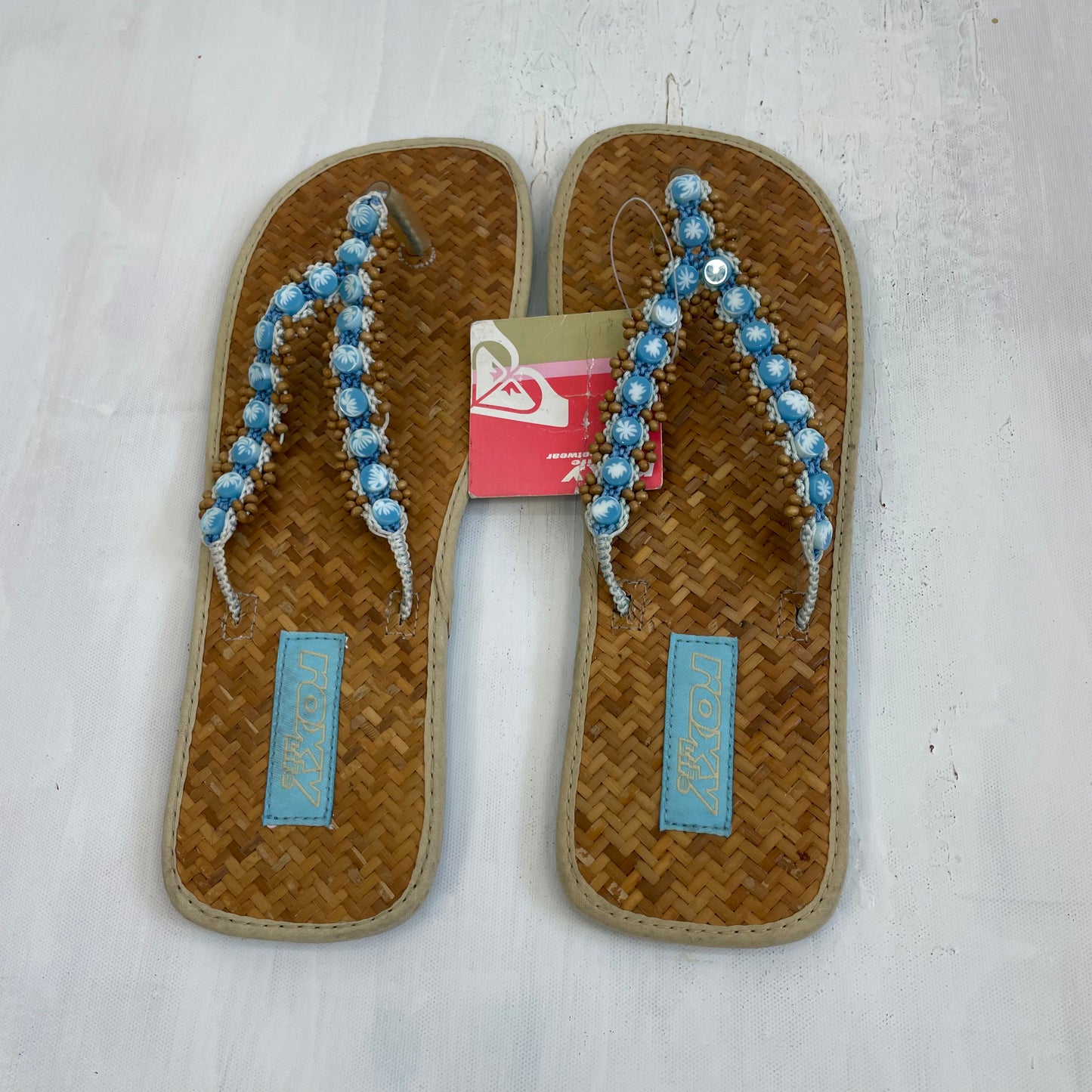 💚 TROPICAL GIRL DROP | size uk 7 roxy woven flip flops with blue beads