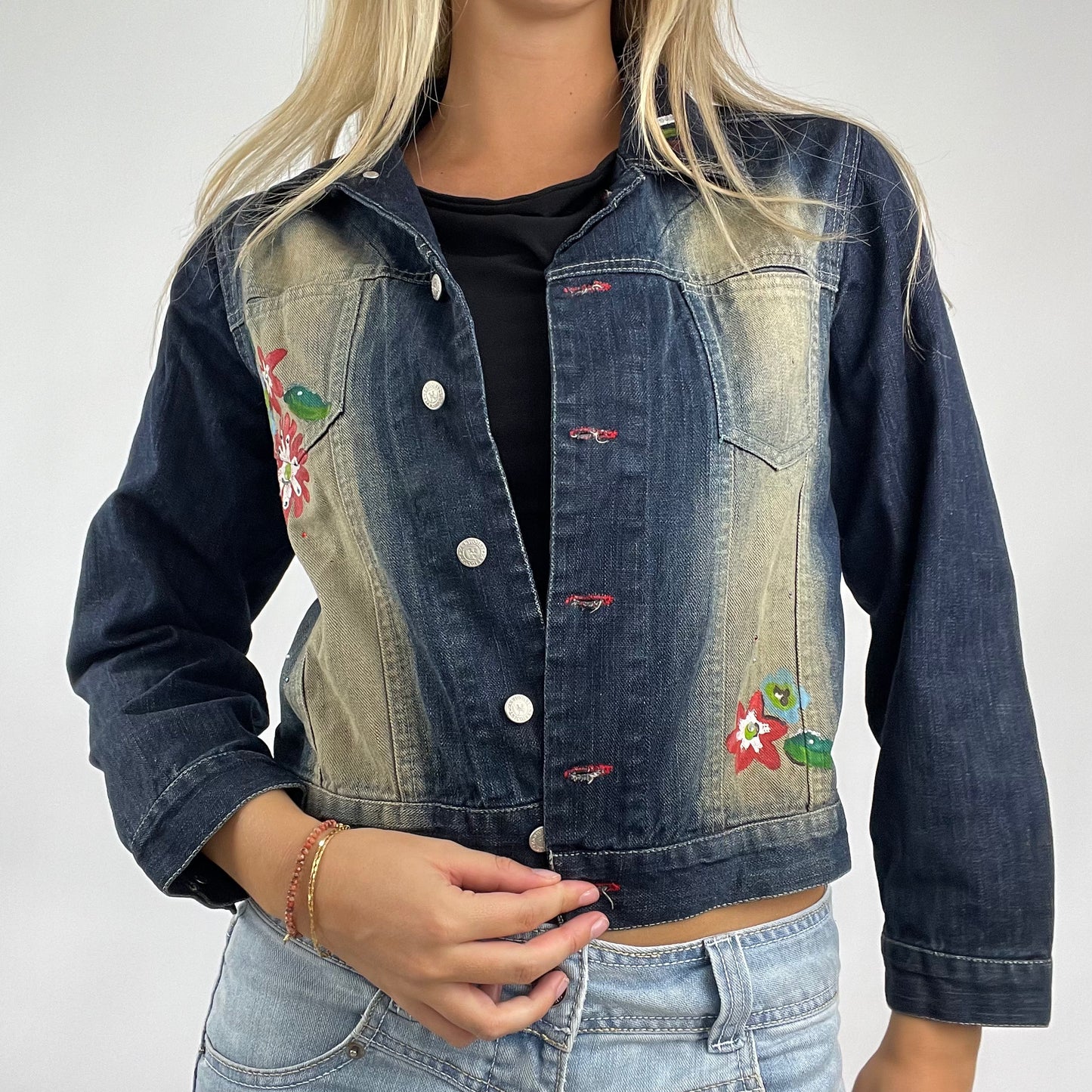 flower painted denim jacket - small