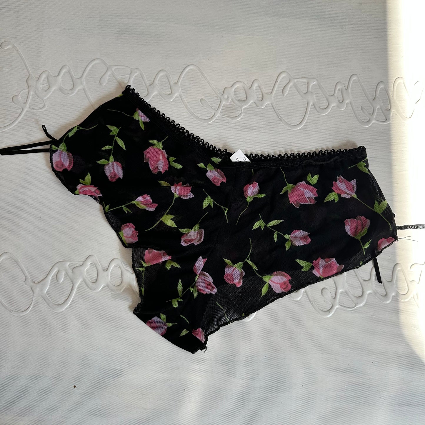 DAINTY DROP | black mesh floral pants - small