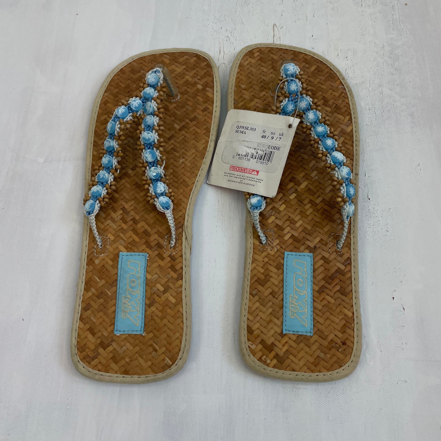 💚 TROPICAL GIRL DROP | size uk 7 roxy woven flip flops with blue beads