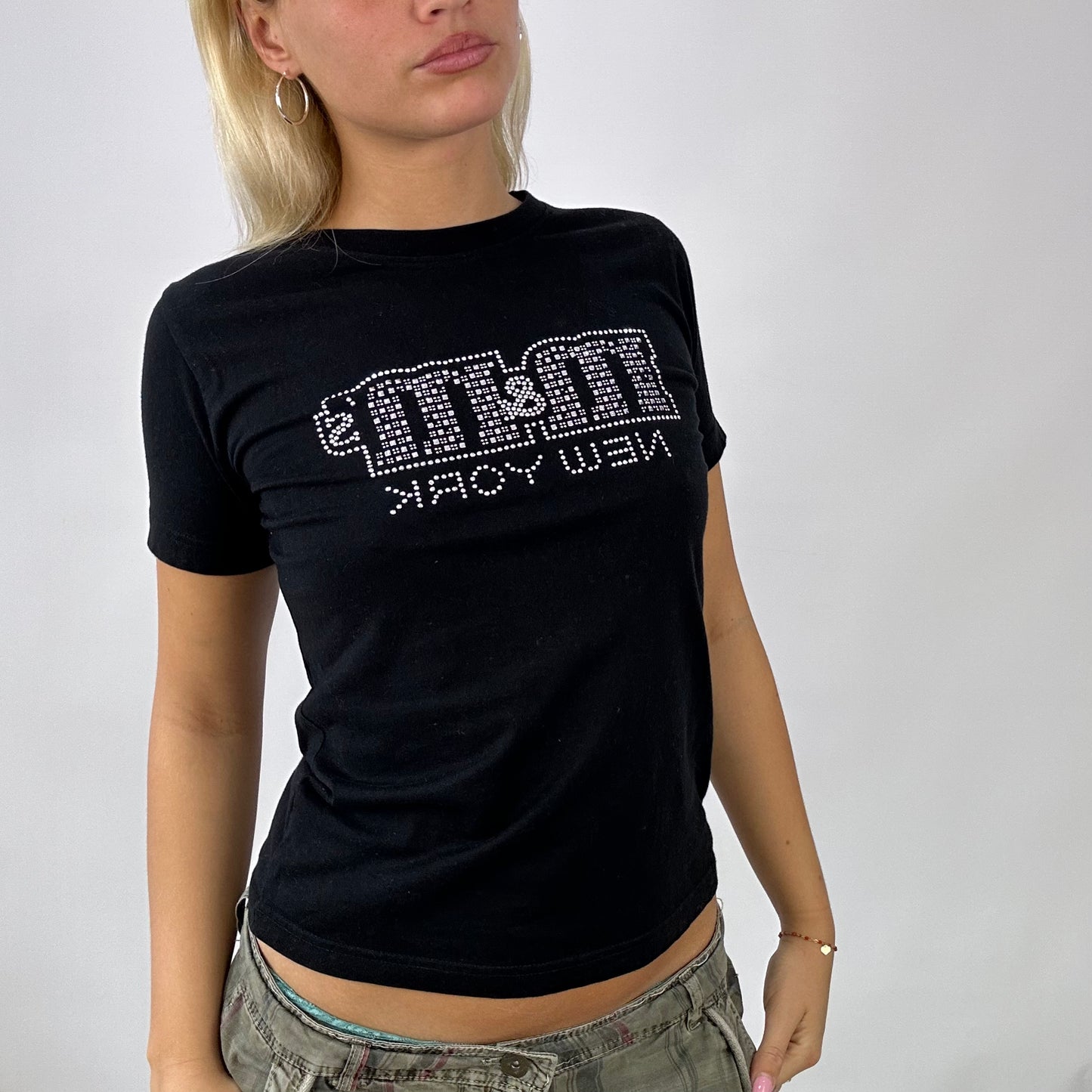 💚 EUROPEAN SUMMER | medium black tshirt with ‘M&Ms’ diamanté embellishment