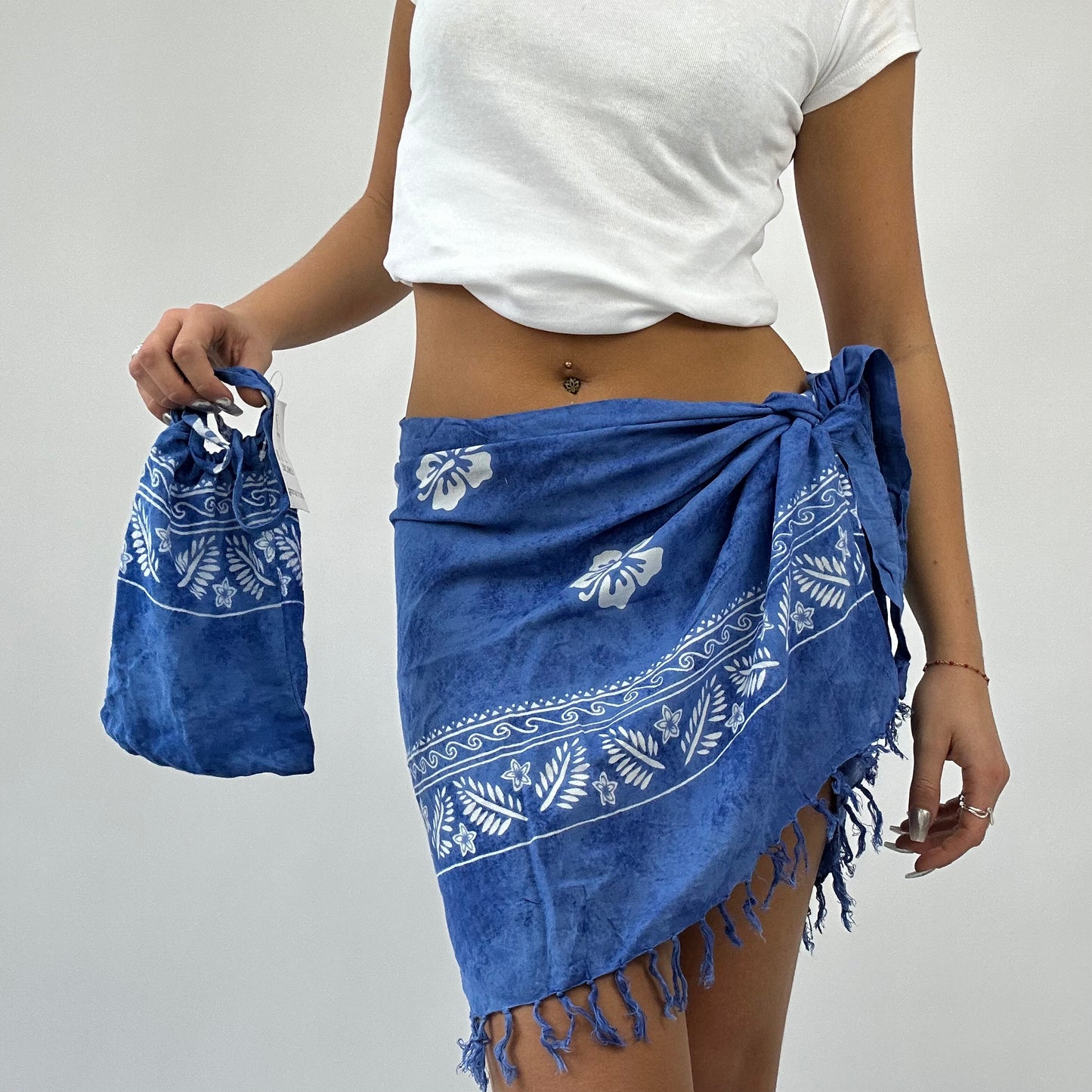 BOAT PARTY DROP | blue tie dye hibiscus print tie side skirt with matching pouch