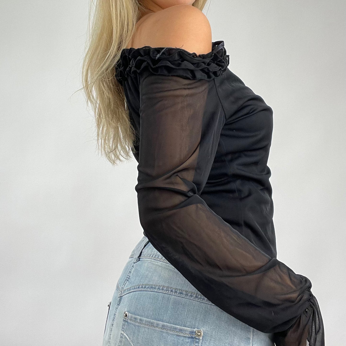 💻 DROP 5 | small black mesh long sleeve top with frill hem