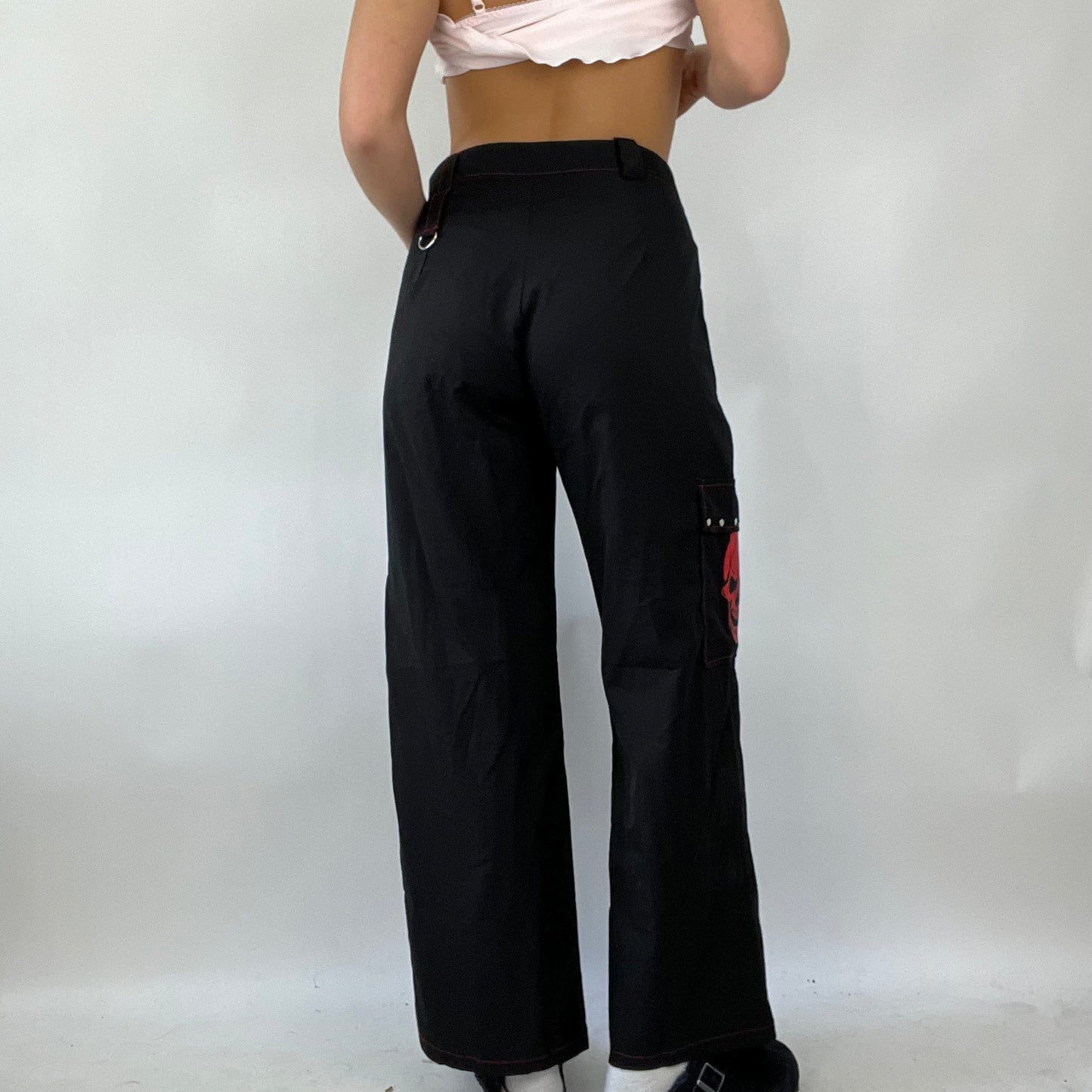 💚 FESTIVAL DROP | large black cargo trousers with red skull detail