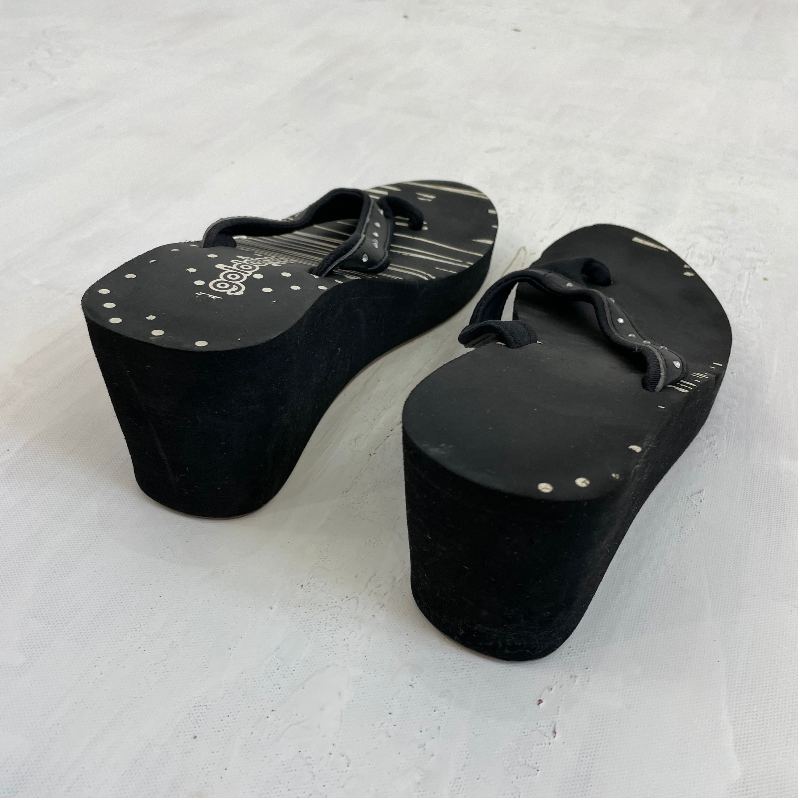 TROPICAL GIRL DROP black diamante golddigga wedge flip flops remass