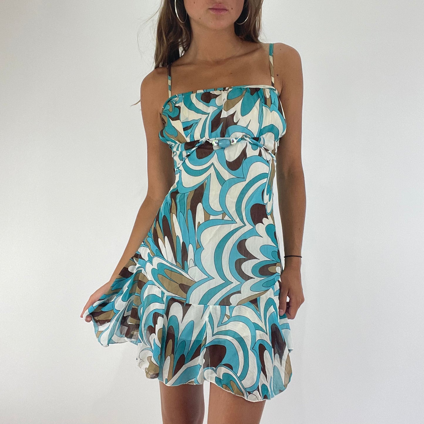 TROPICAL GIRL DROP | blue and brown patterned dress - xs