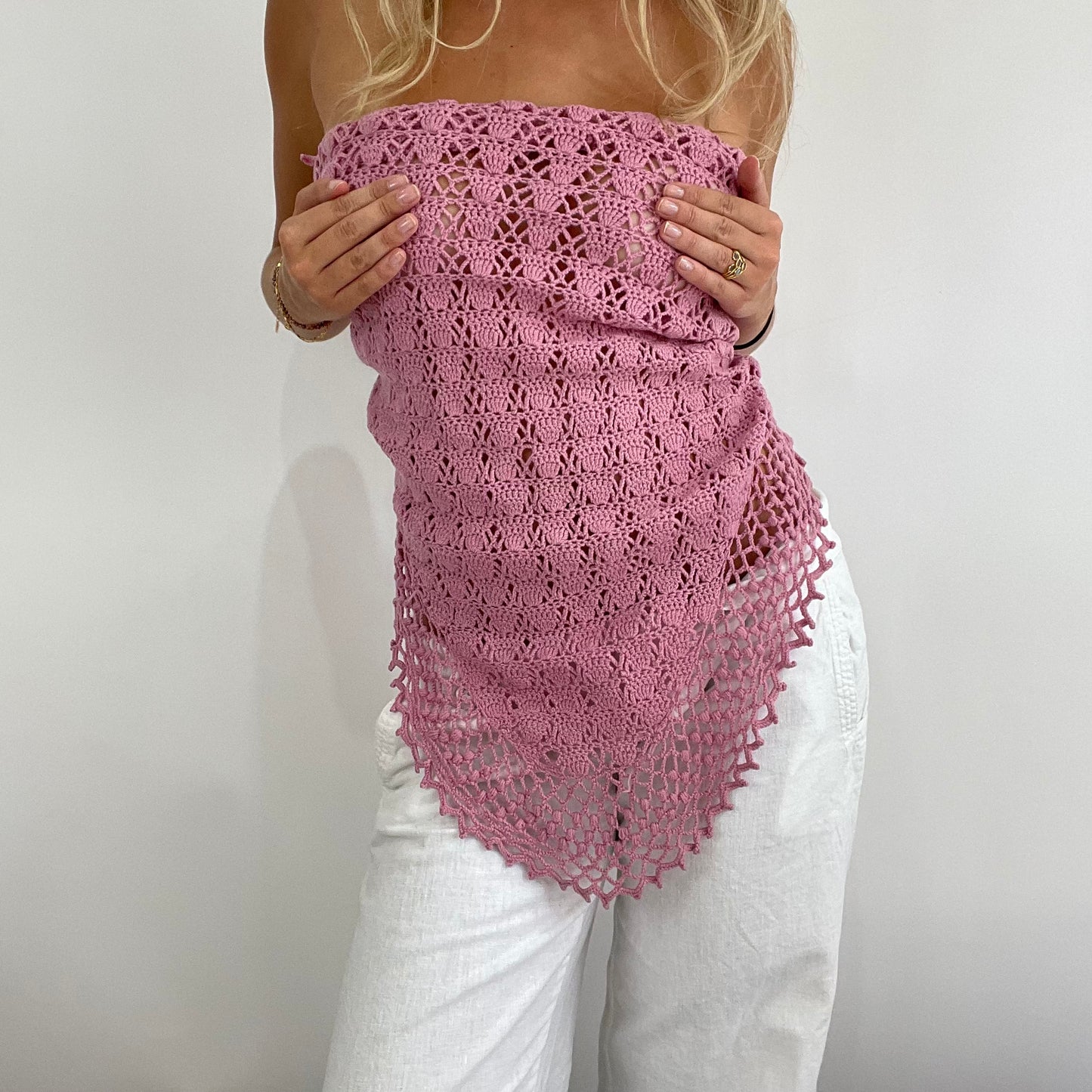 MODEL OFF DUTY DROP | pink crochet knitted scarf tie up backless top