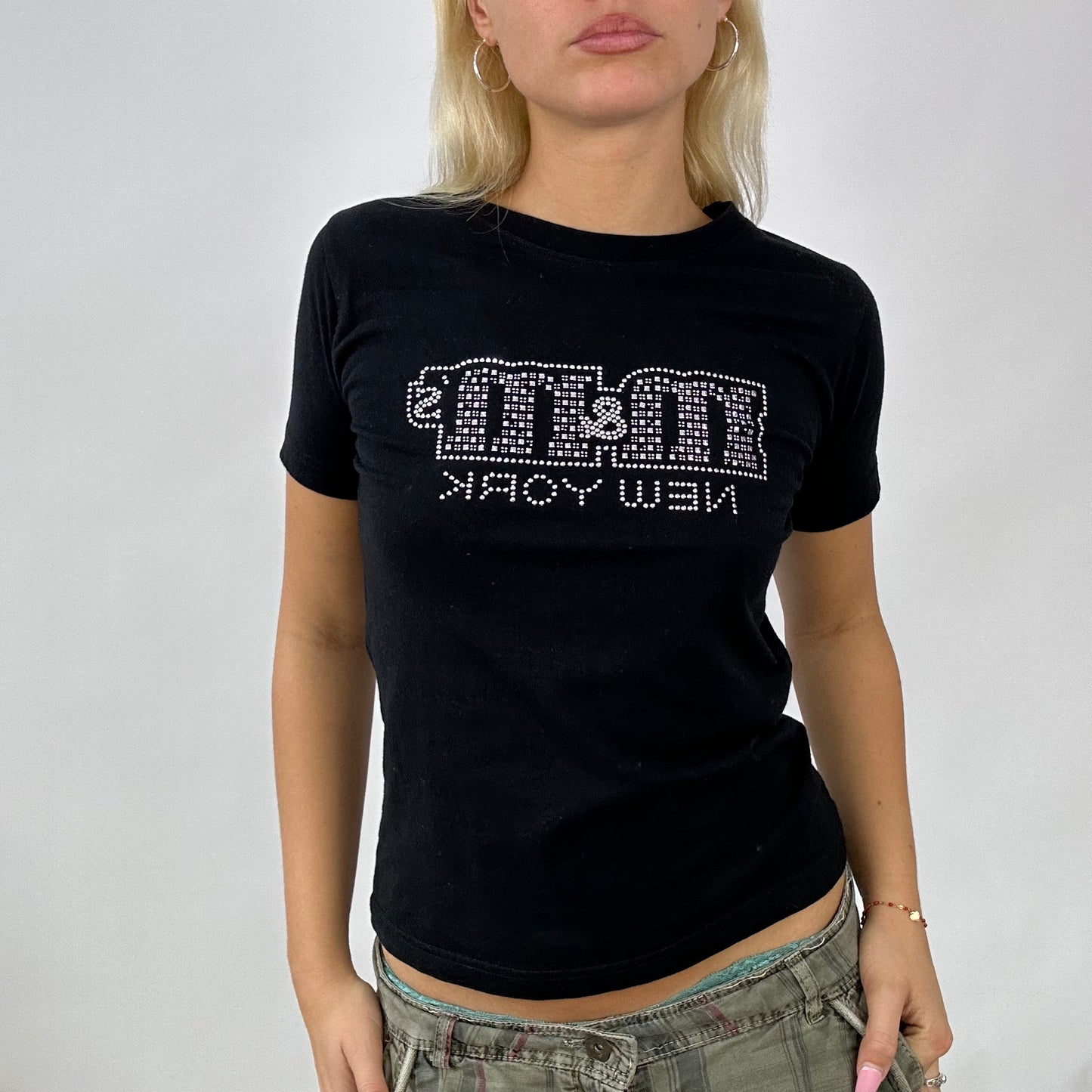 💚 EUROPEAN SUMMER | medium black tshirt with ‘M&Ms’ diamanté embellishment