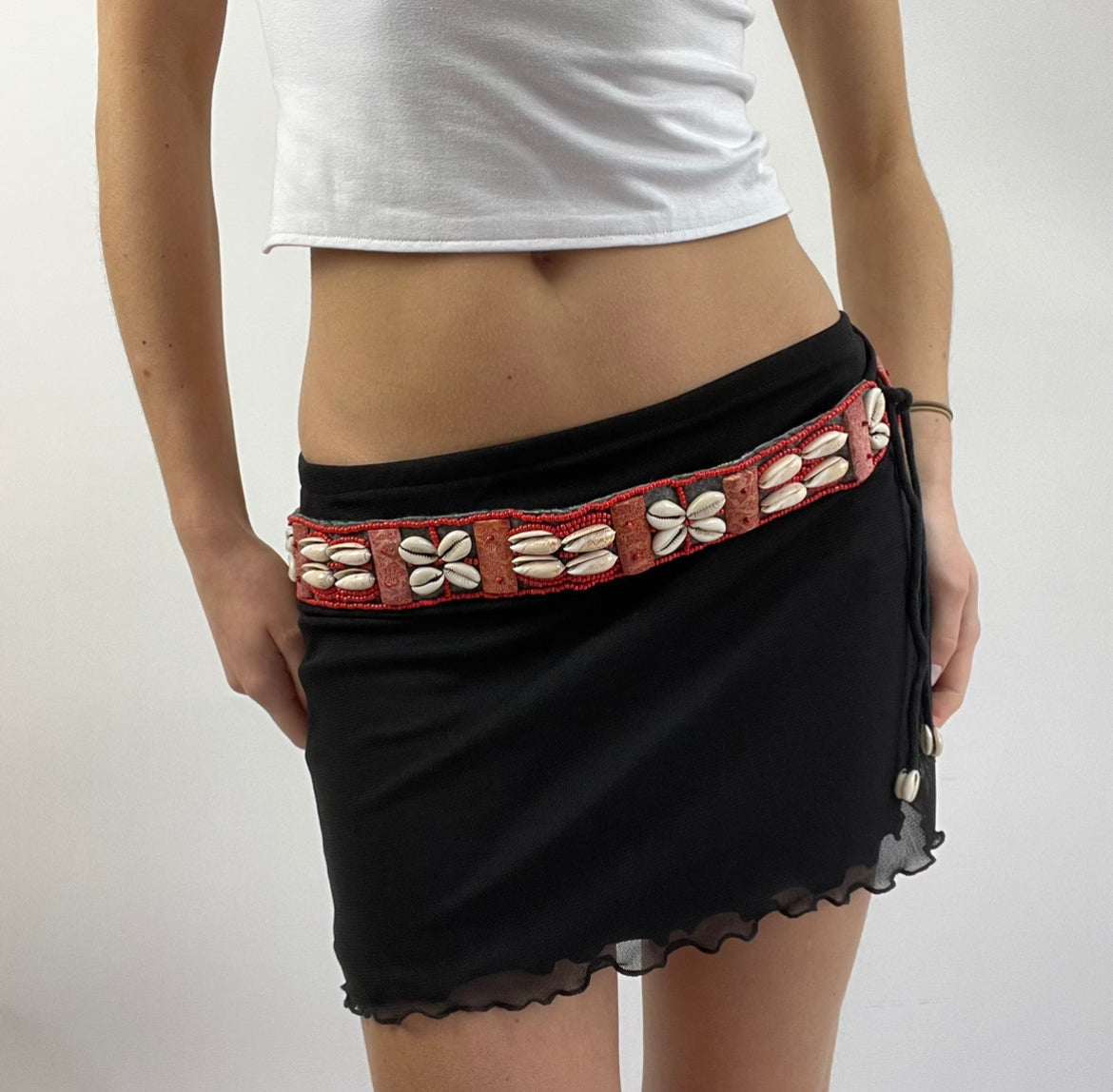 red and white shell belt