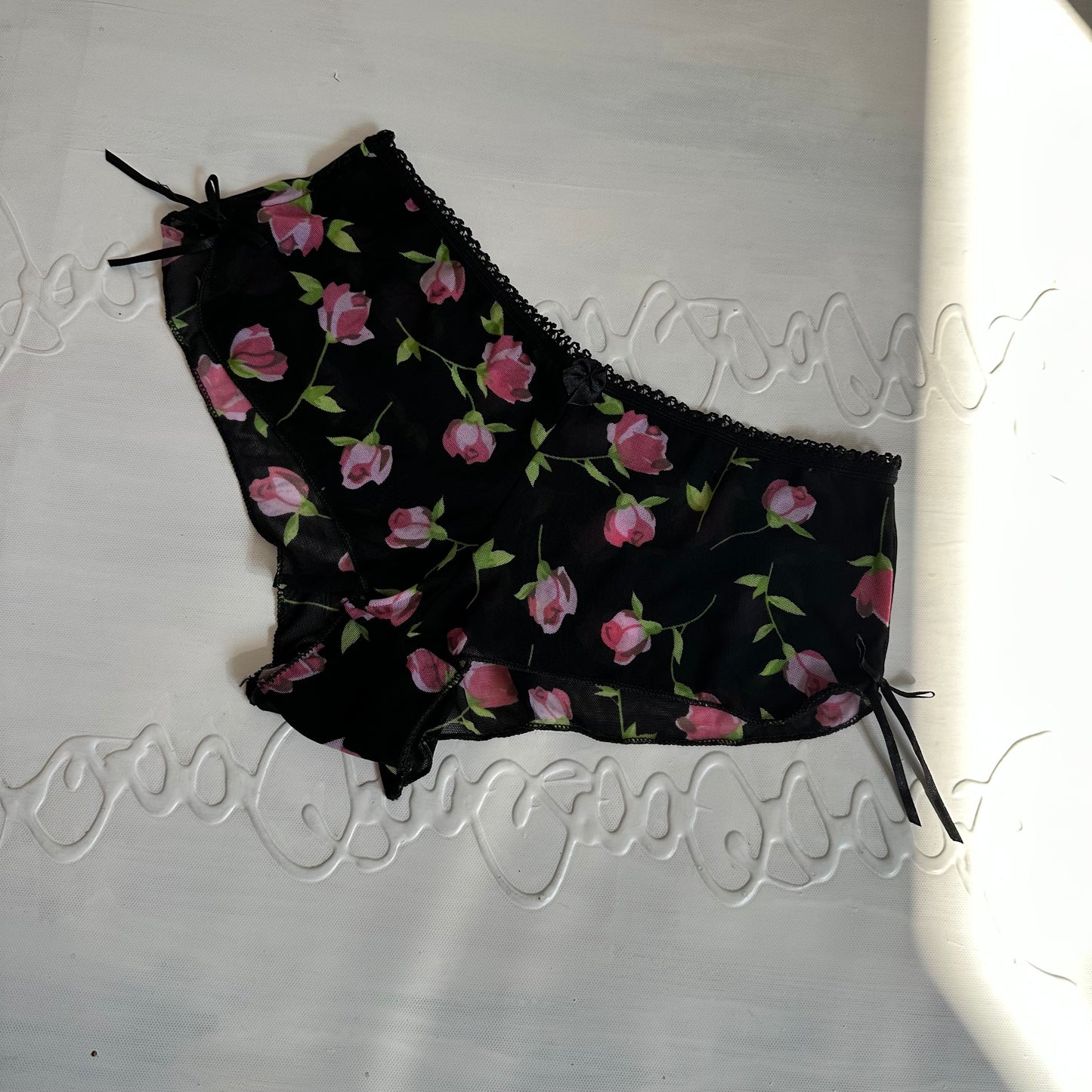 DAINTY DROP | black mesh floral pants - small