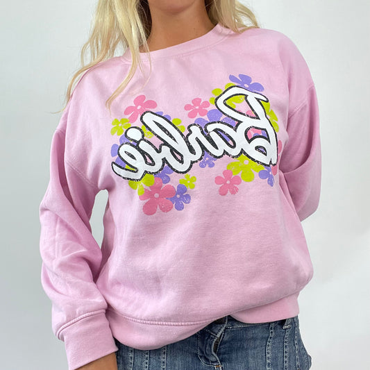 💚 💻 BARBIE DROP - college barbie | small baby pink jumper with ‘barbie’ spell out and flower graphic