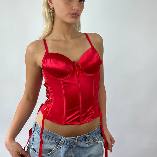 💚 💻 FESTIVAL DROP | small red silky corset with heart print and lace up side
