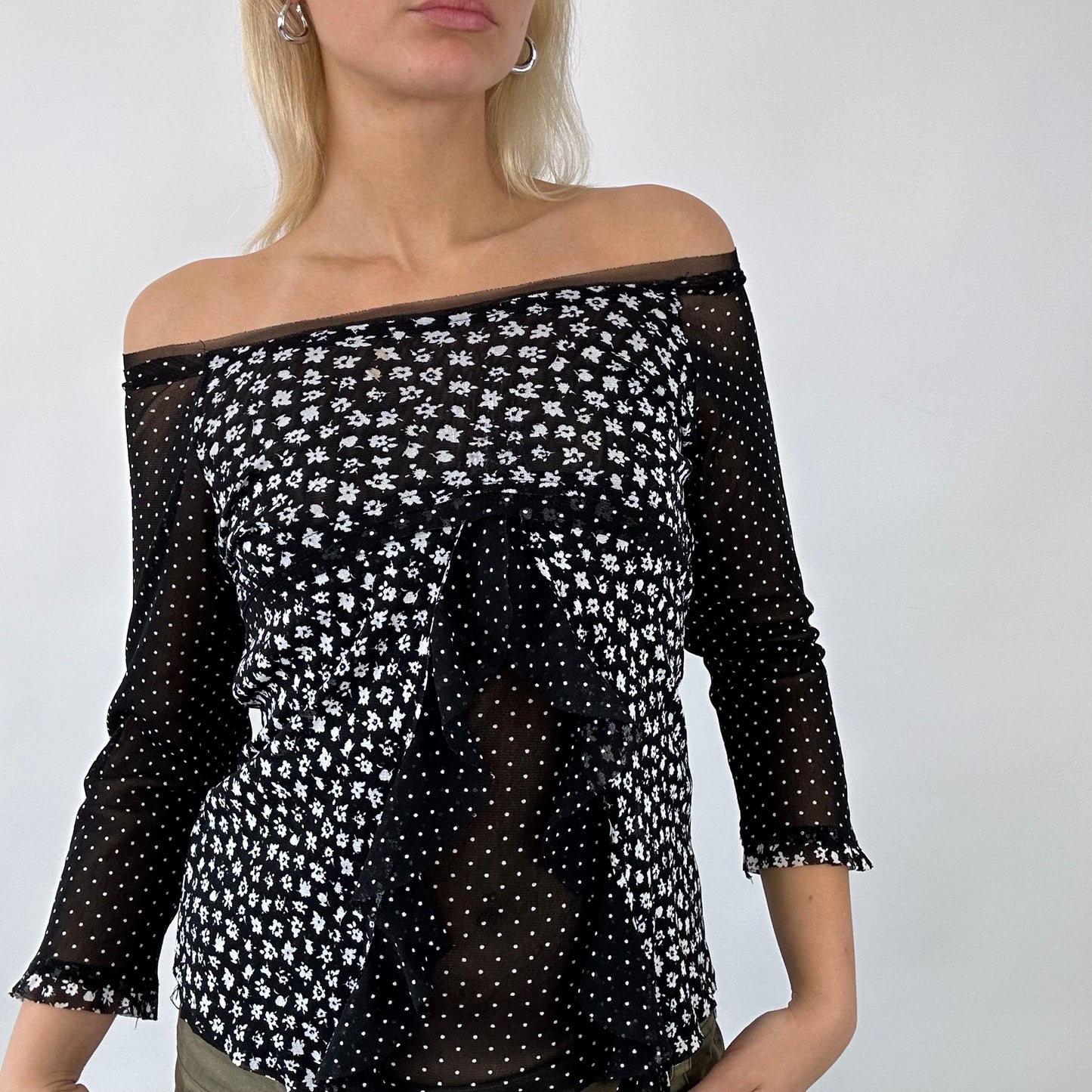 💚 💻 DAINTY DROP | small black floral / polka dot mesh off the shoulder top