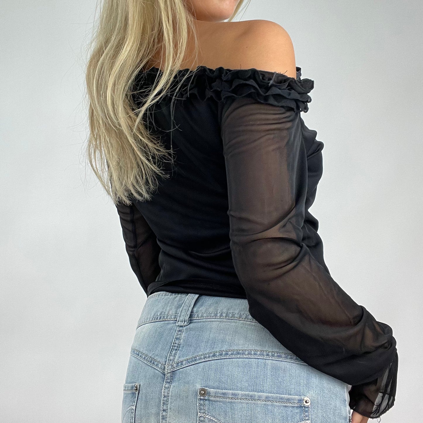 💻 DROP 5 | small black mesh long sleeve top with frill hem
