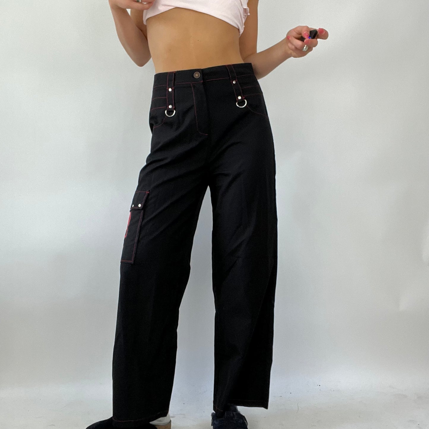 💚 FESTIVAL DROP | large black cargo trousers with red skull detail