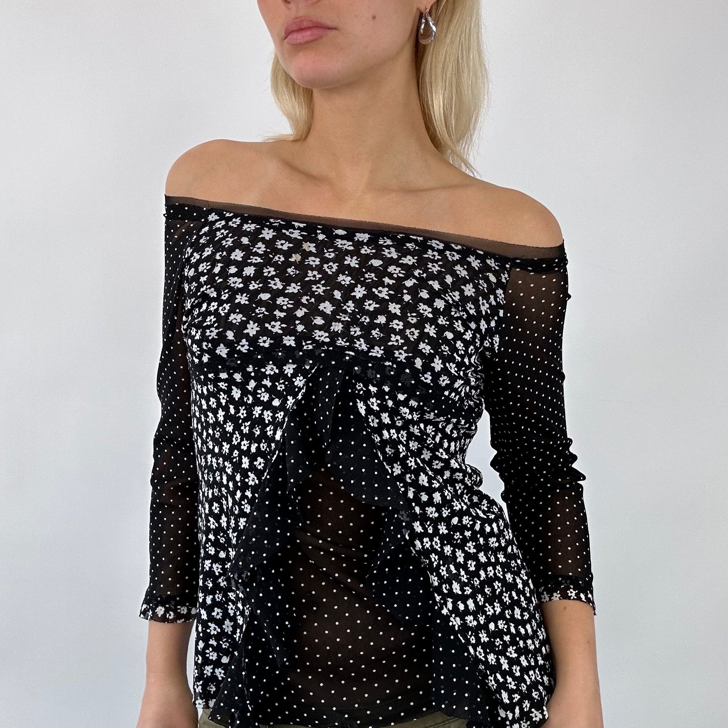 💚 💻 DAINTY DROP | small black floral / polka dot mesh off the shoulder top