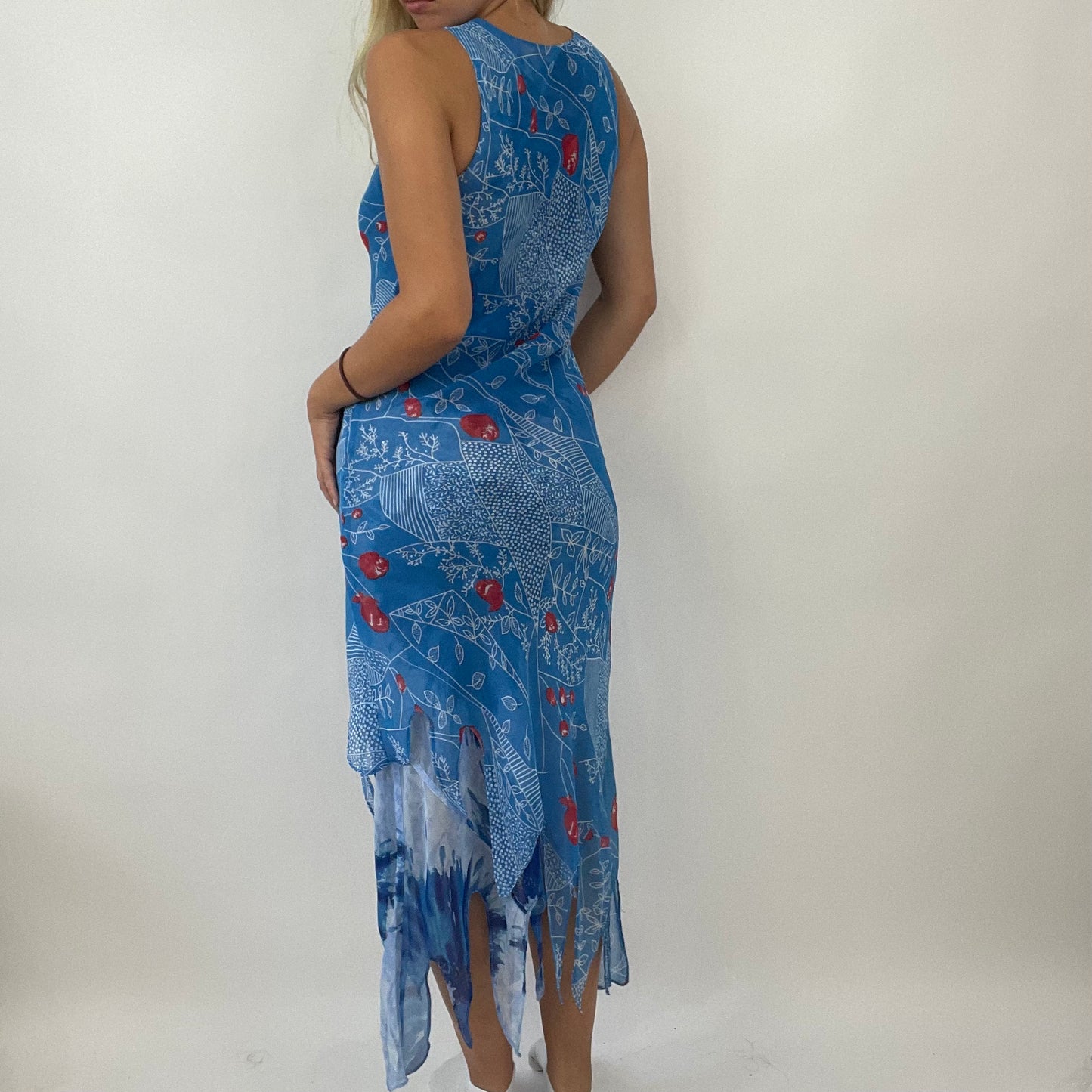 BOAT PARTY DROP | small blue mesh maxi dress with asymmetric hem