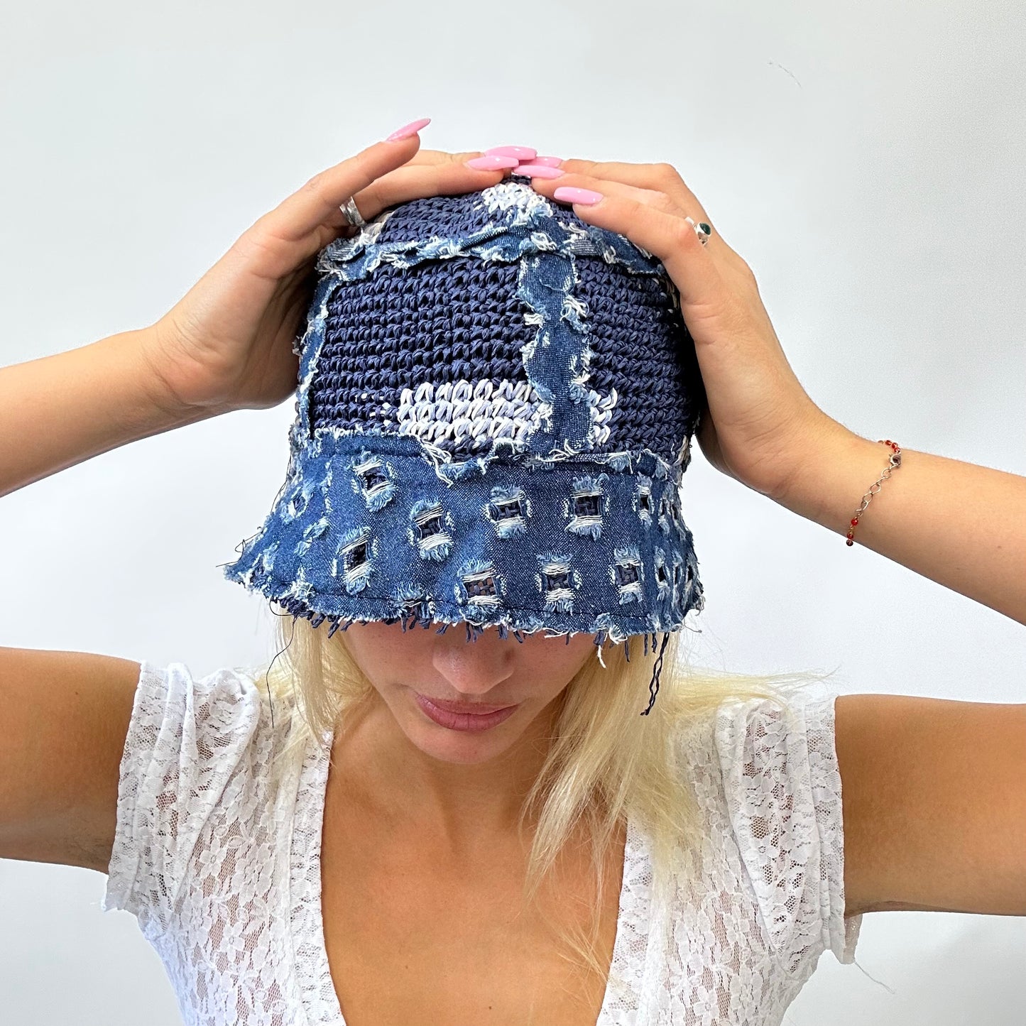 1 BARBIE DROP double denim barbie denim distressed bucket hat