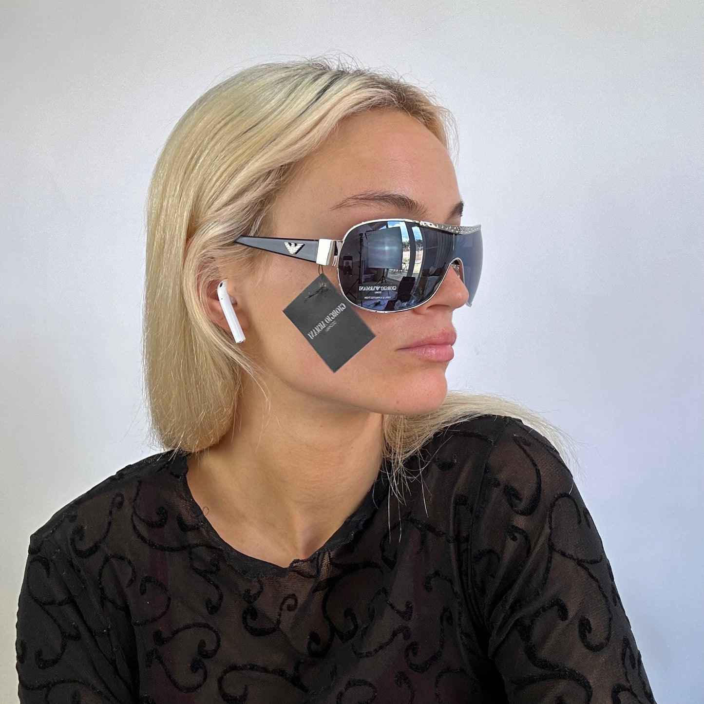 MODEL OFF DUTY DROP | black armani visor style sunglasses