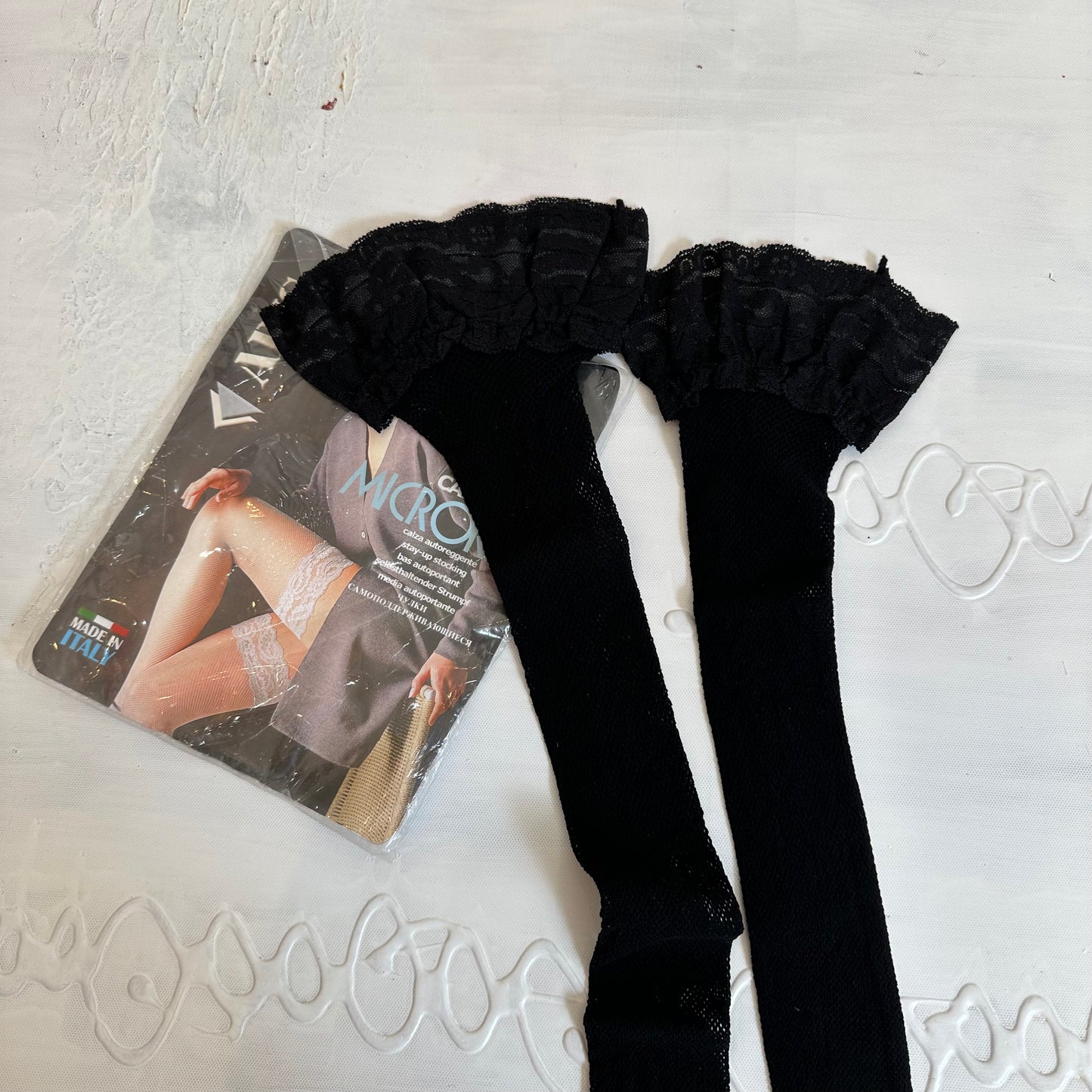 DAINTY DROP | black lace and mesh long socks