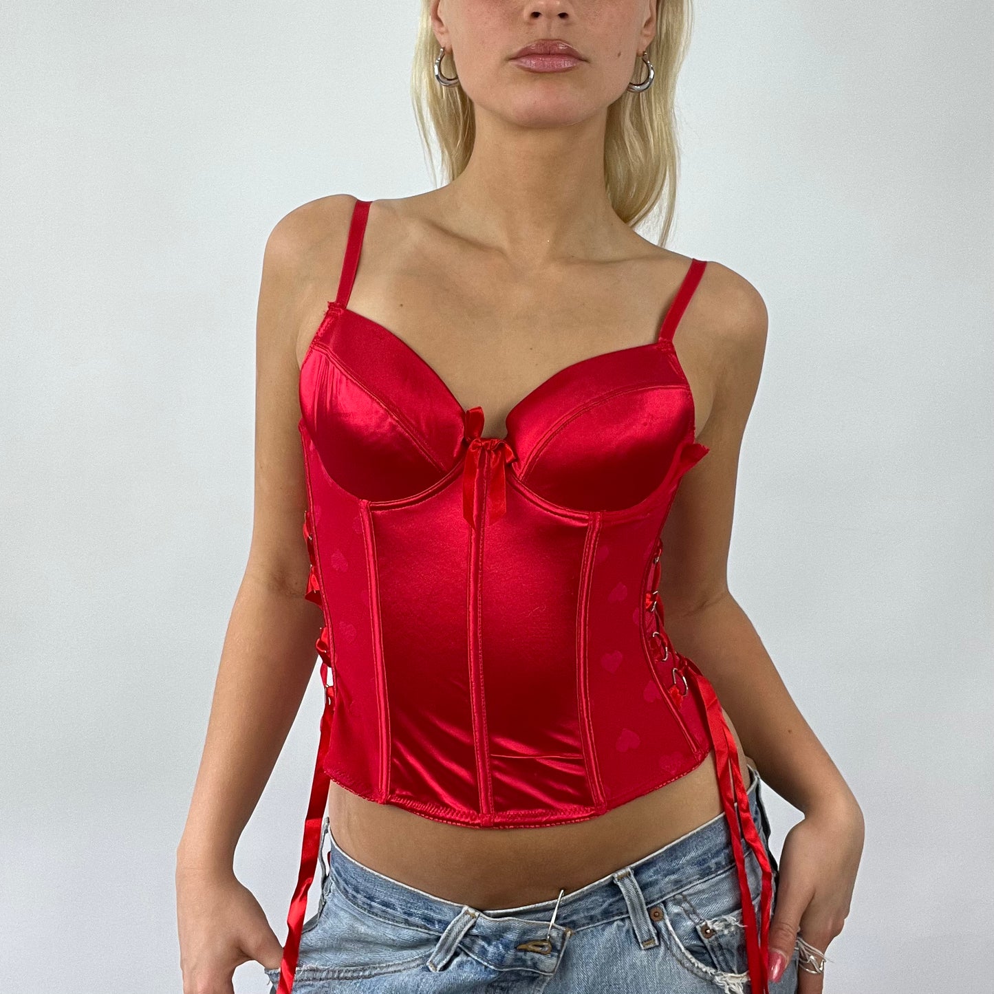 💚 💻 FESTIVAL DROP | small red silky corset with heart print and lace up side