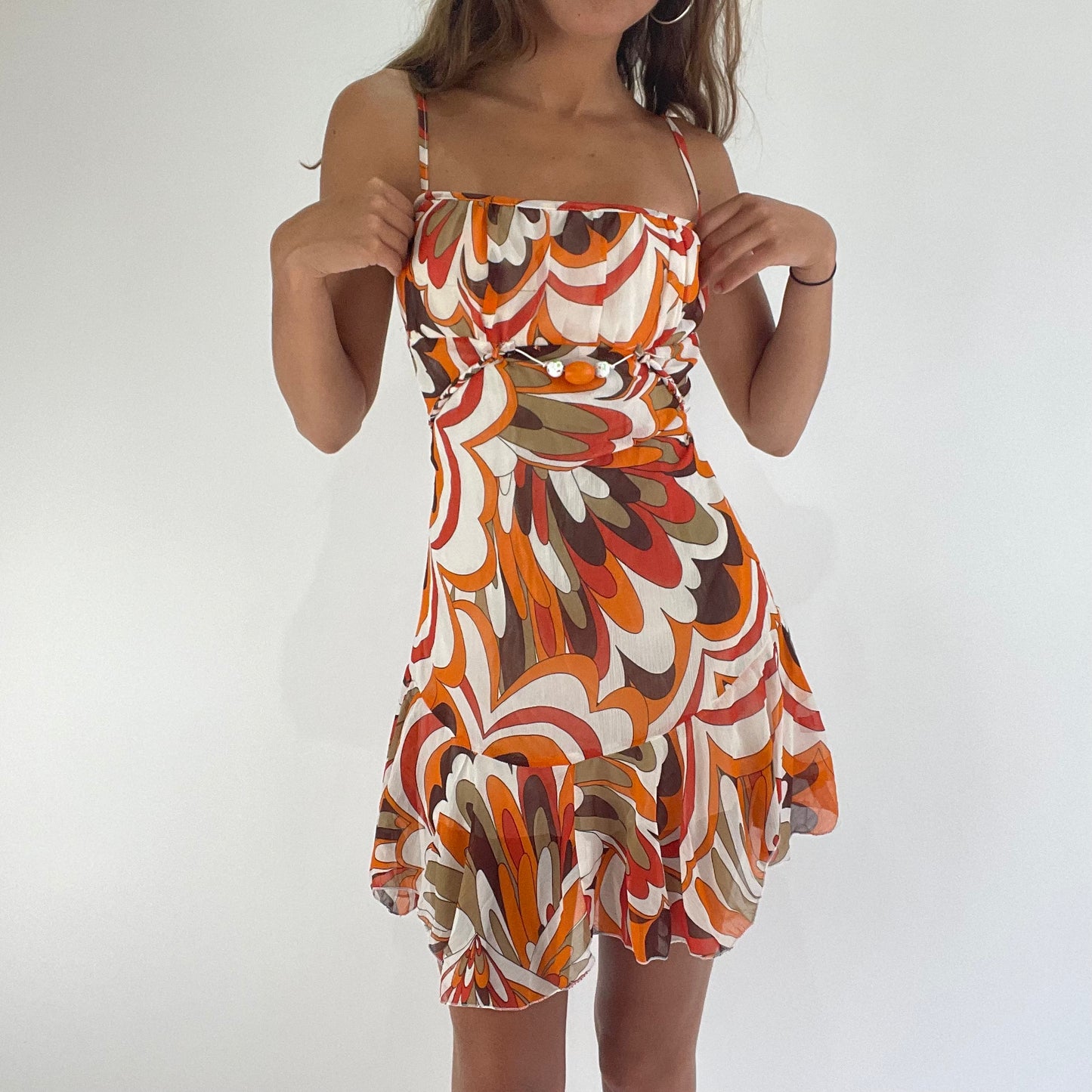 💚 💻 TROPICAL GIRL DROP | xs orange and brown patterned tie up dress