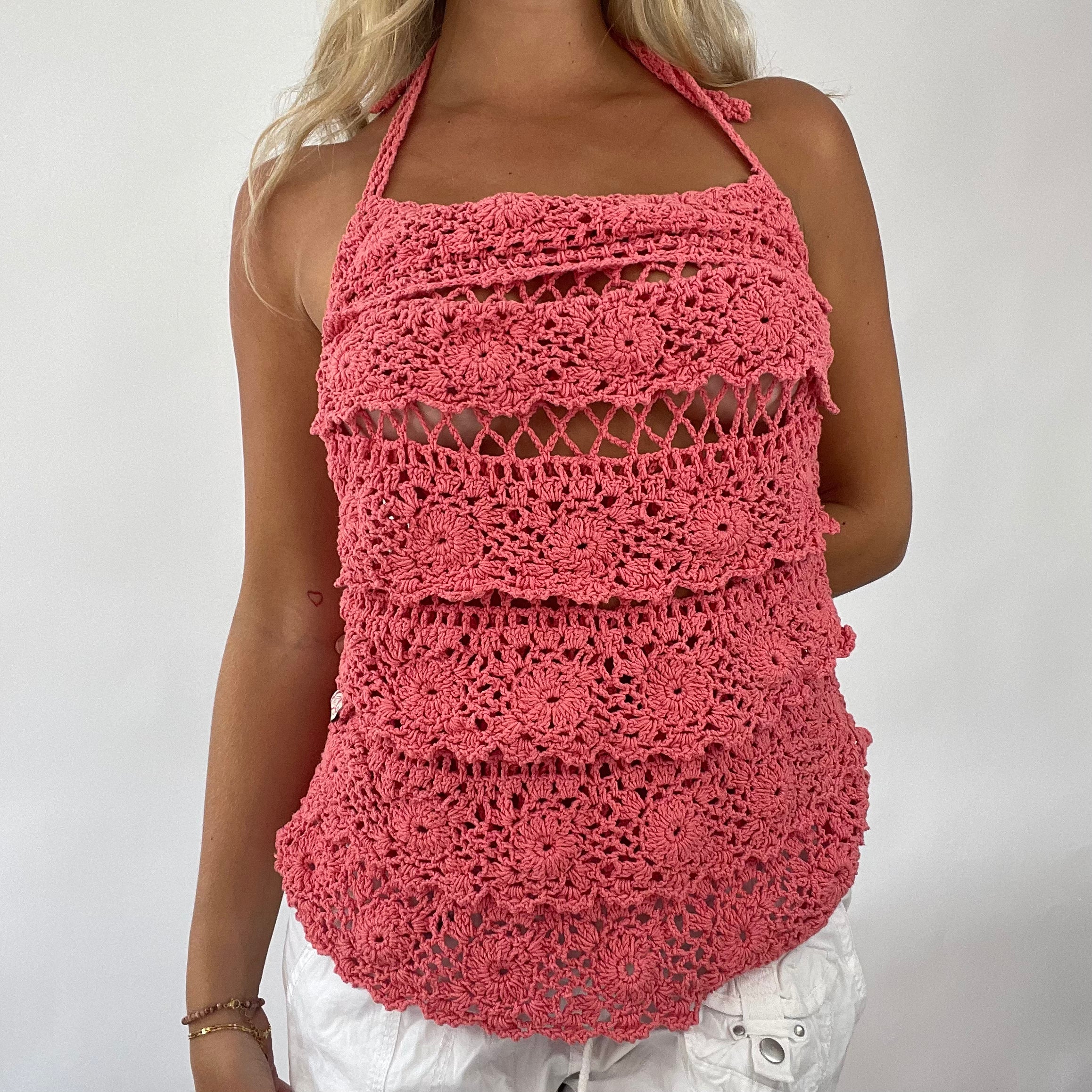 TROPICAL GIRL DROP medium pink coral crochet tiered top remass