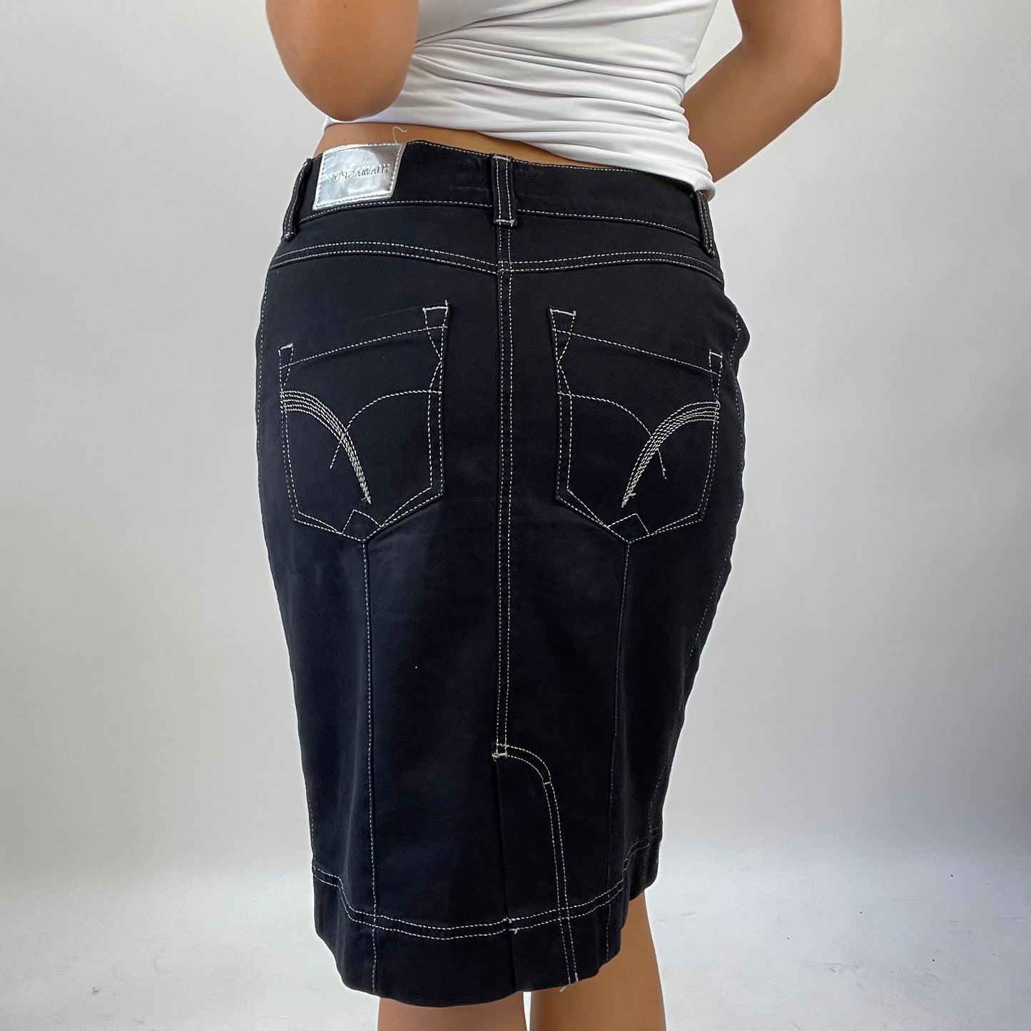 MANHATTAN GIRL DROP | small black denim contrast stitch midi skirt