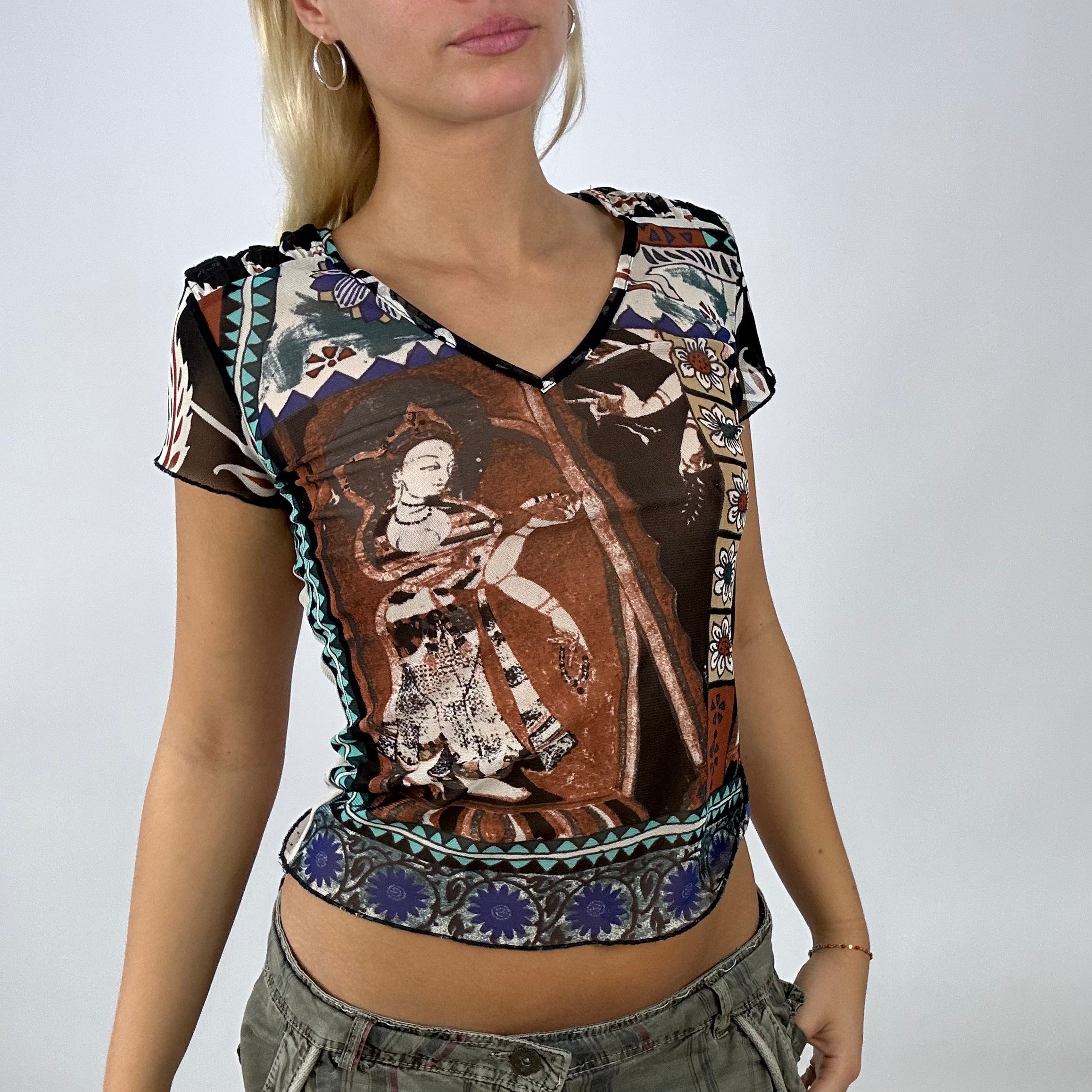 EUROPEAN SUMMER small black and brown mesh top with graphic print remass