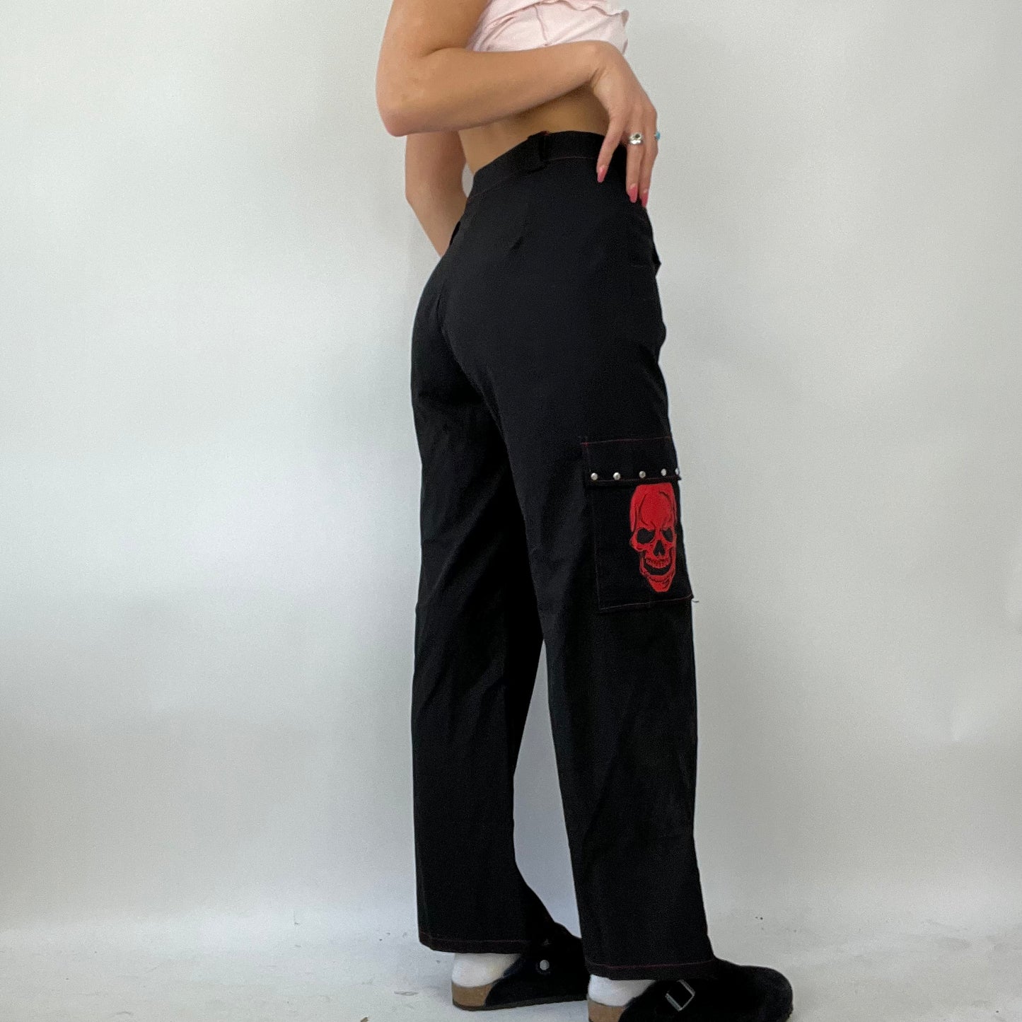 FESTIVAL DROP | black cargo trousers with red skull detail - small