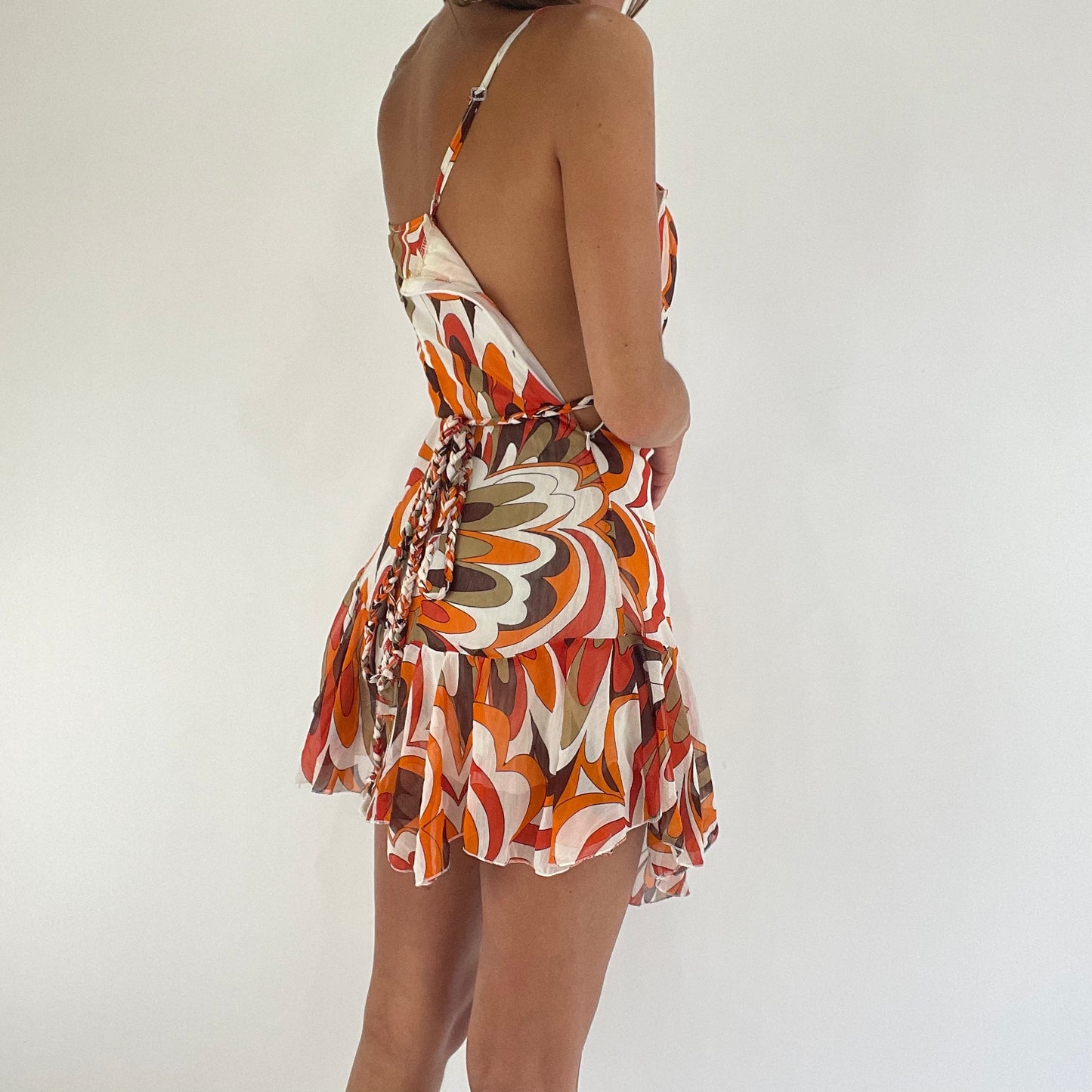 💚 💻 TROPICAL GIRL DROP | xs orange and brown patterned tie up dress