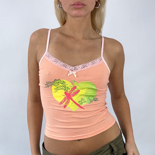 💻 DAINTY DROP | small peach orange cami with green graphic lace trim and bow detail