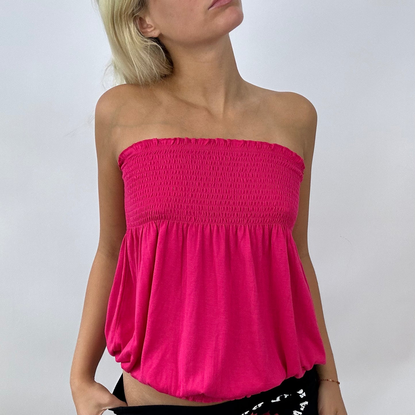 BARBIE DROP - classic barbie | strapless hot pink shirred top - s/m