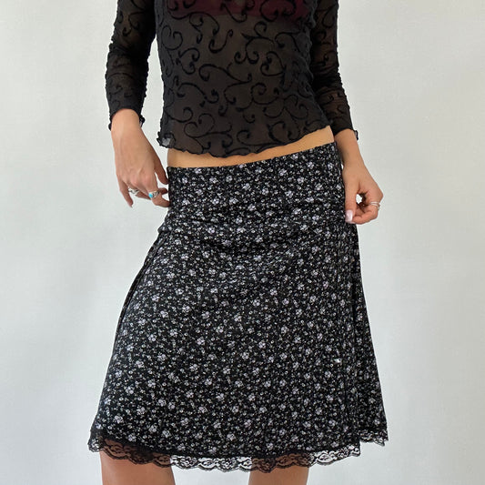 DAINTY DROP | black floral midi skirt - small