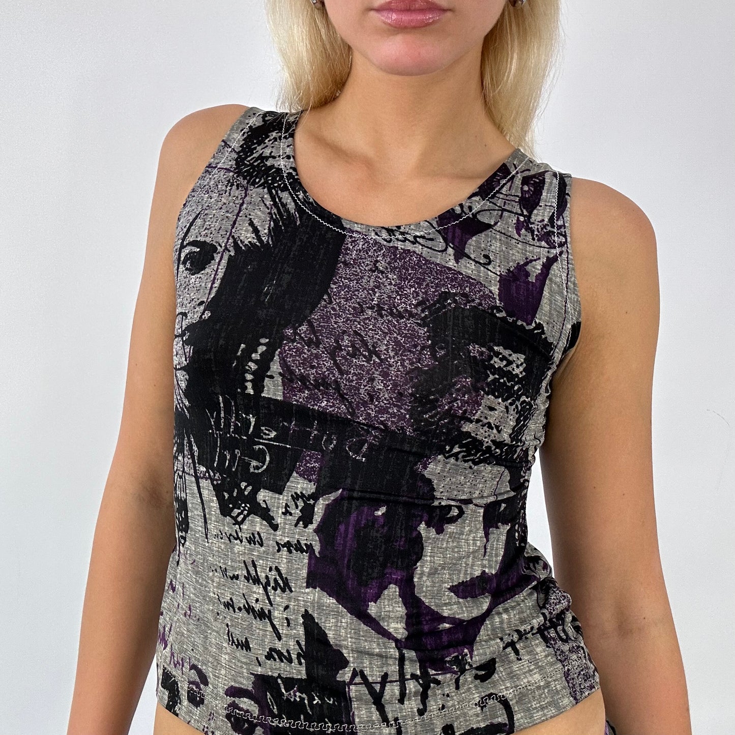 BOHO GIRL DROP | grey & purple graphic vest - small