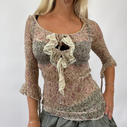 💚 EUROPEAN SUMMER DROP | small beige patterned mesh top with lace detail