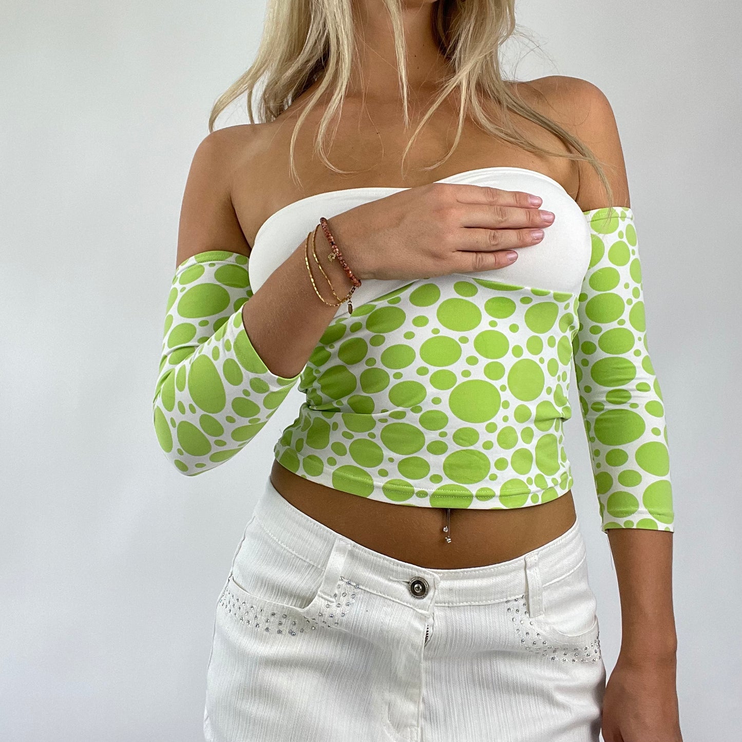 💻 DROP 5 | small green off the shoulder top with green polka dot design