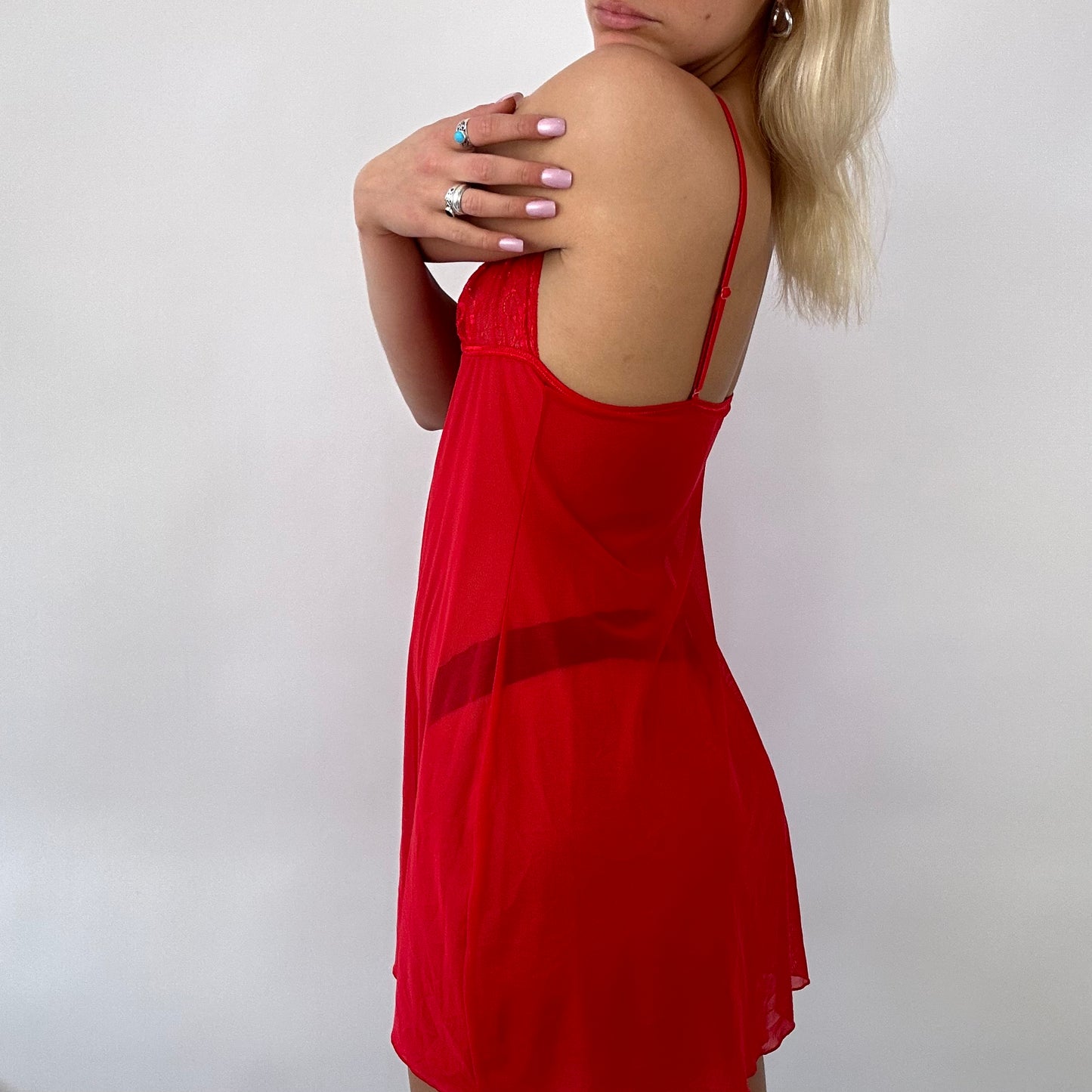 💻 DAINTY DROP | small red slip dress with lacy bust
