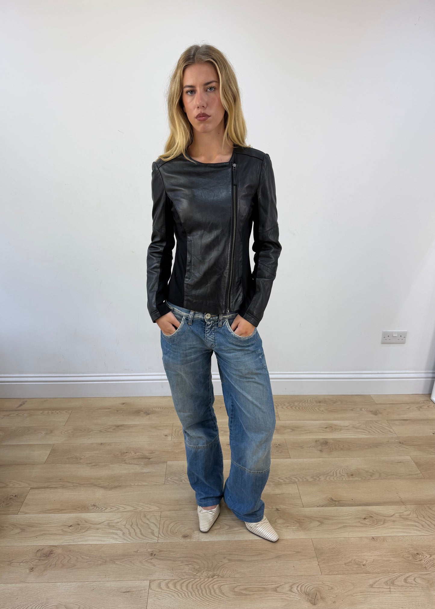 small black faux leather asymmetric jacket - image 1