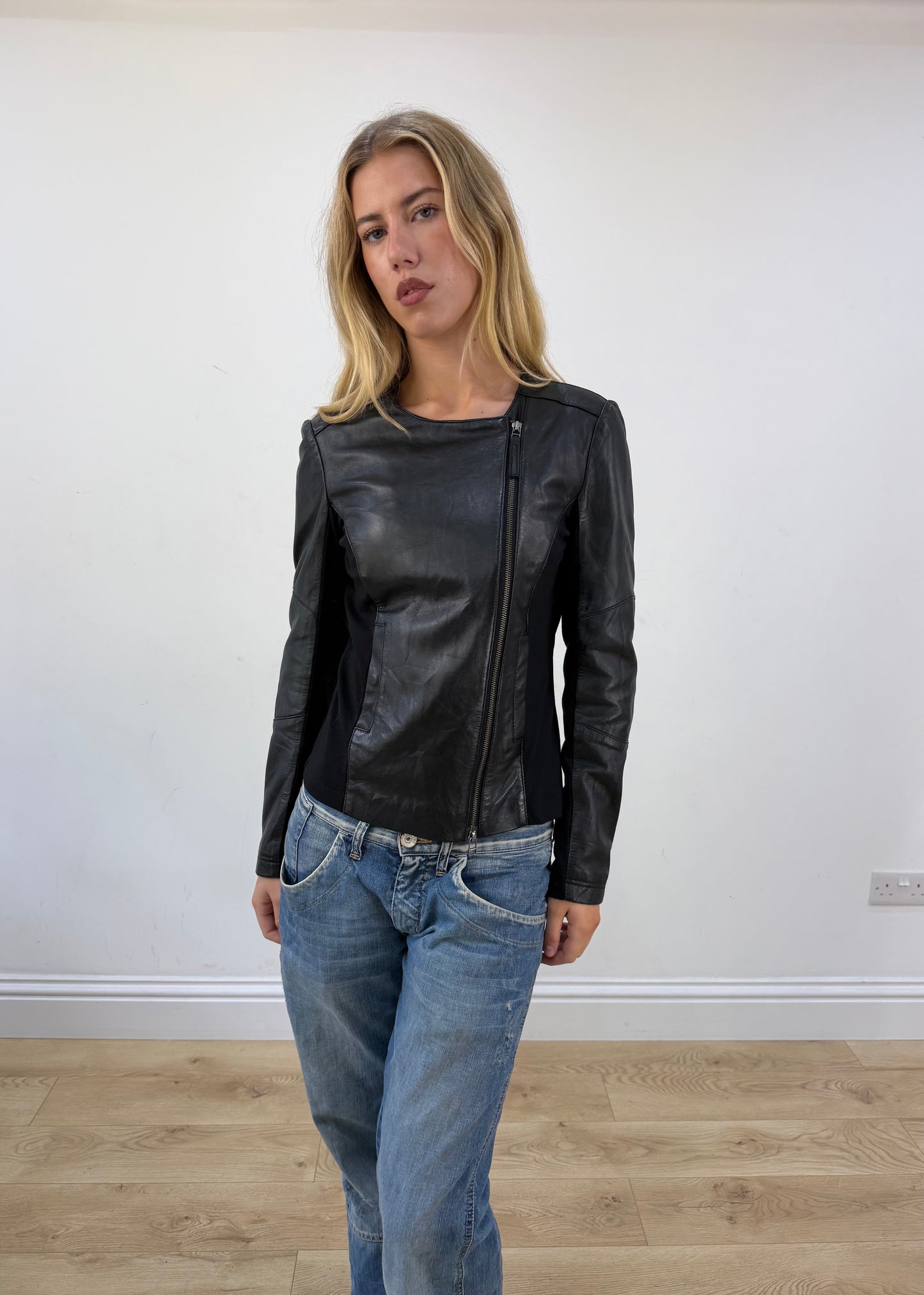 small black faux leather asymmetric jacket - image 3