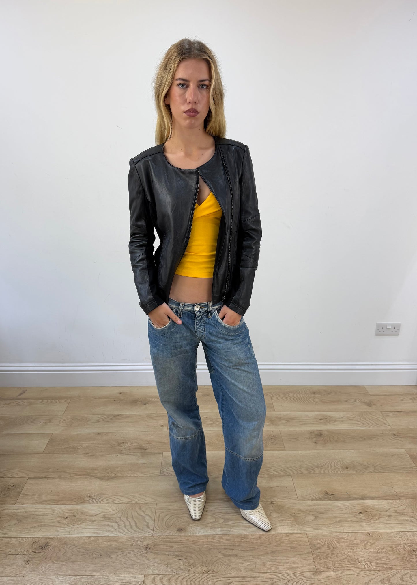 small black faux leather asymmetric jacket - image 4