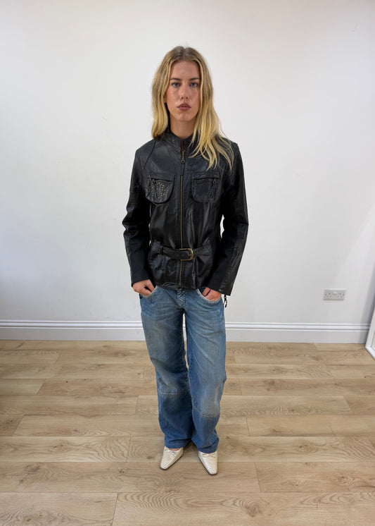 medium black rosidino faux leather belted jacket - image 1