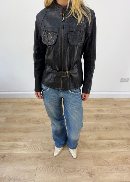 medium black rosidino faux leather belted jacket - image 2